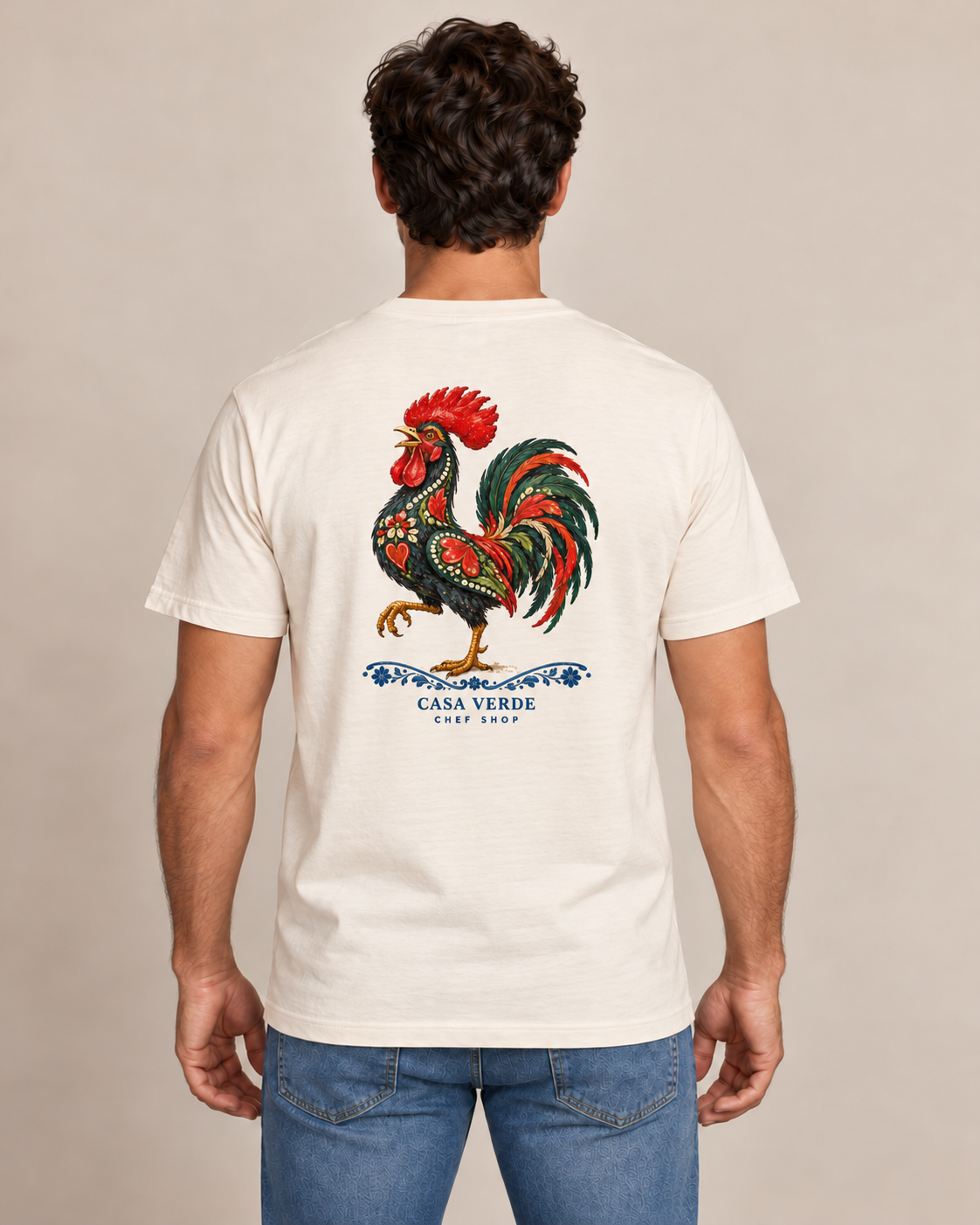 FRANGO Piri-Piri T-Shirt — Matching back model view with a decorative Portuguese rooster and blue floral flourish. Illustrative preview, not a physical sample or production proof.