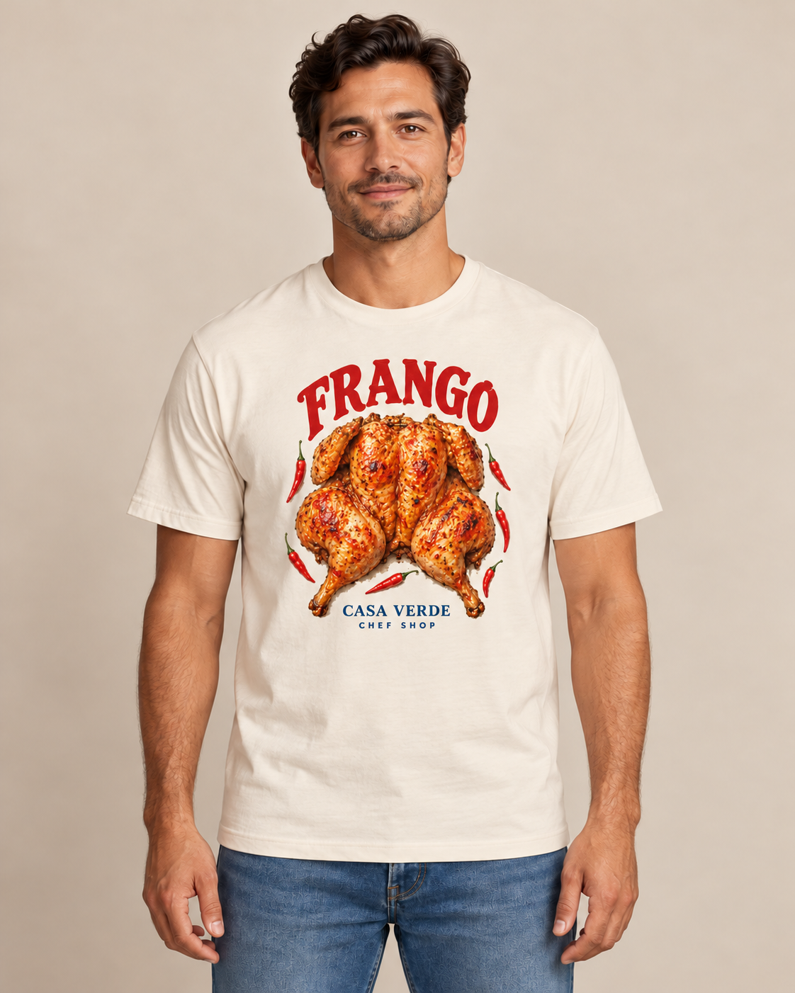 FRANGO Piri-Piri T-Shirt — Front shown on a fictional model, with arched FRANGO lettering and piri-piri chicken. Illustrative preview, not a physical sample or production proof.