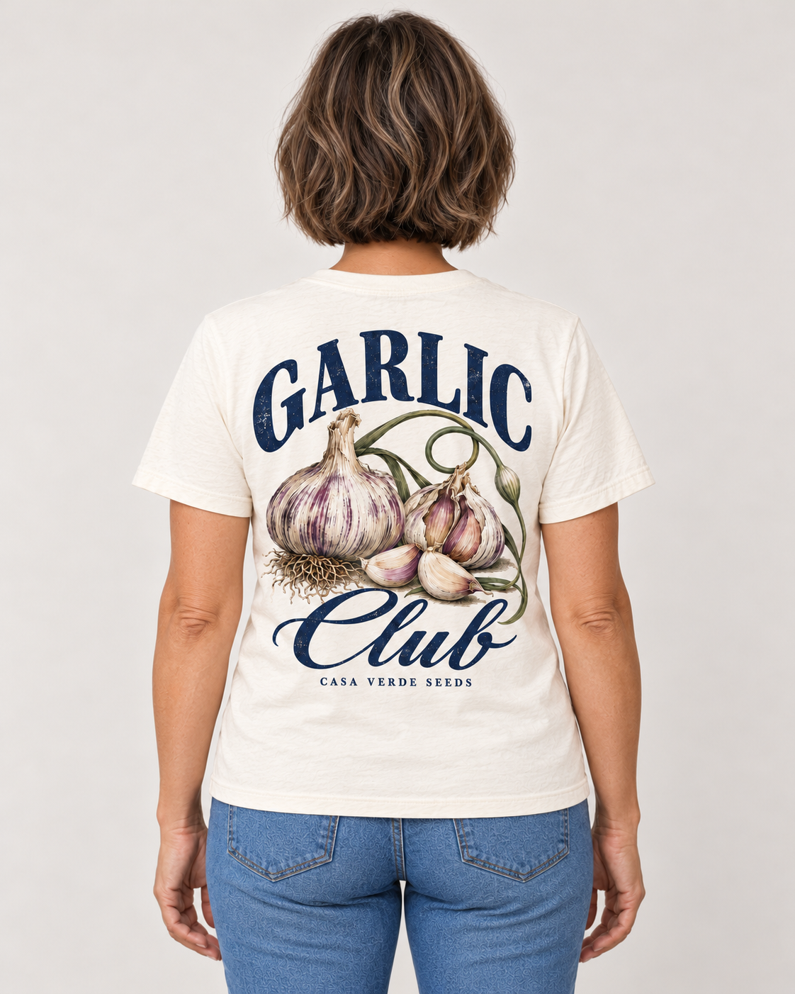 Garlic Club T-Shirt — AI-generated matching back view. Illustrative garment preview, not a physical sample, exact fit or production proof.