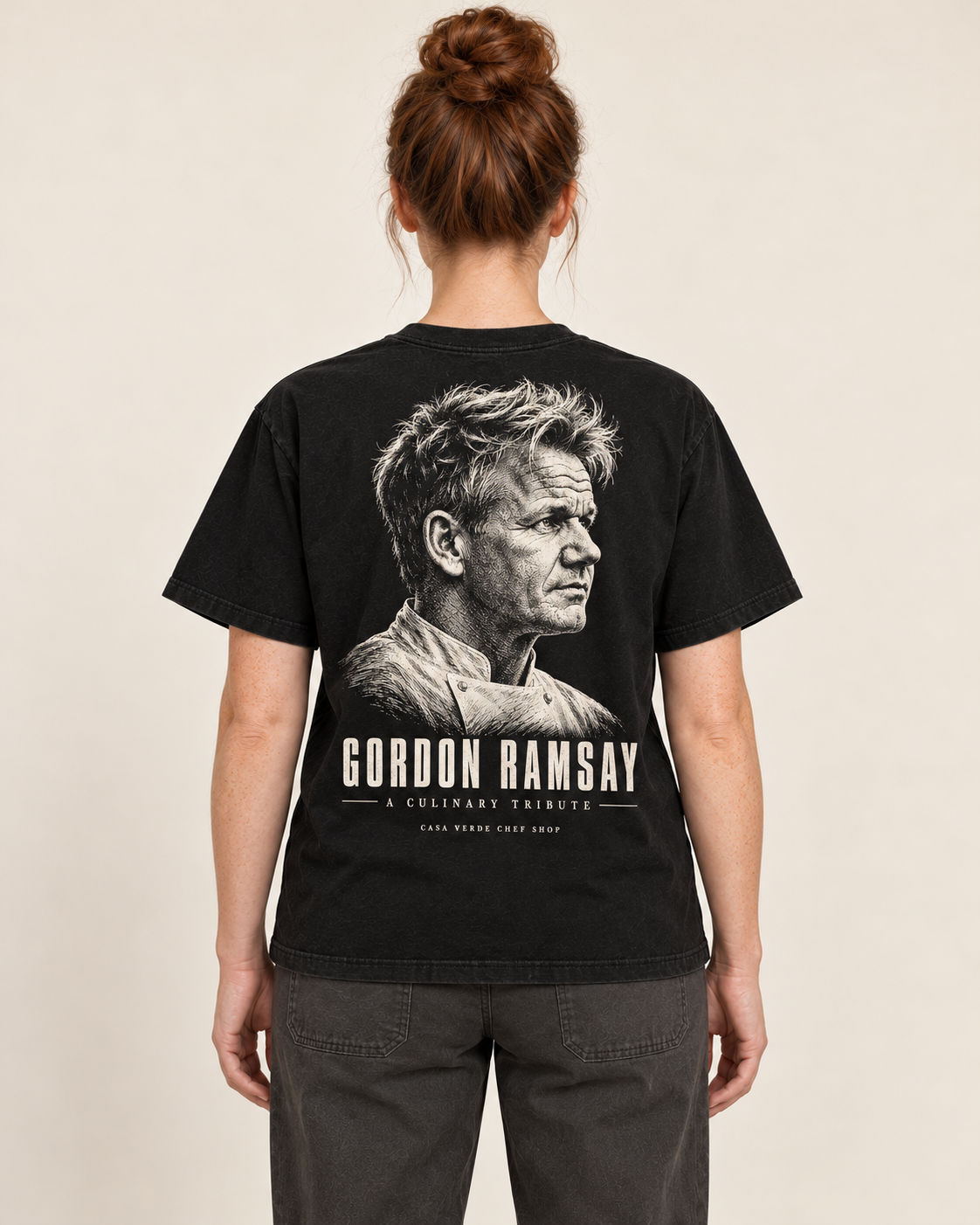 Gordon Ramsay Culinary Tribute T-Shirt — AI-generated back view of the approved design. Illustrative garment preview, not a physical sample, exact fit or production proof.