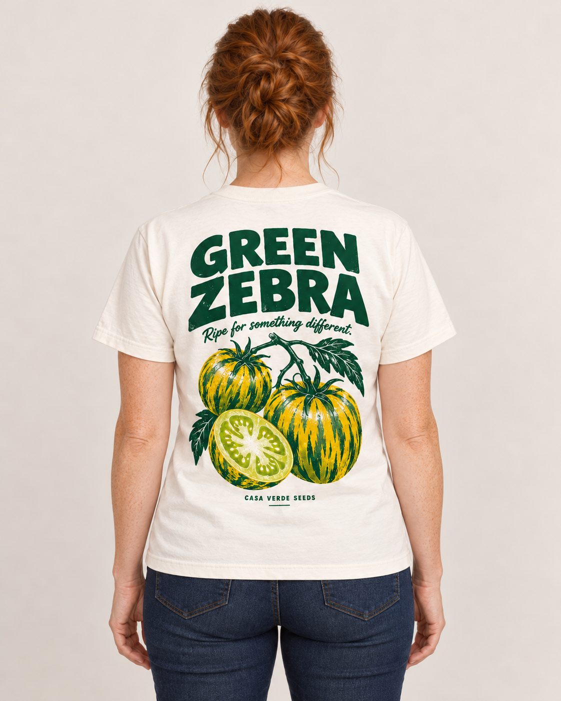 Green Zebra T-Shirt — AI-generated matching back view. Illustrative garment preview, not a physical sample, exact fit or production proof.