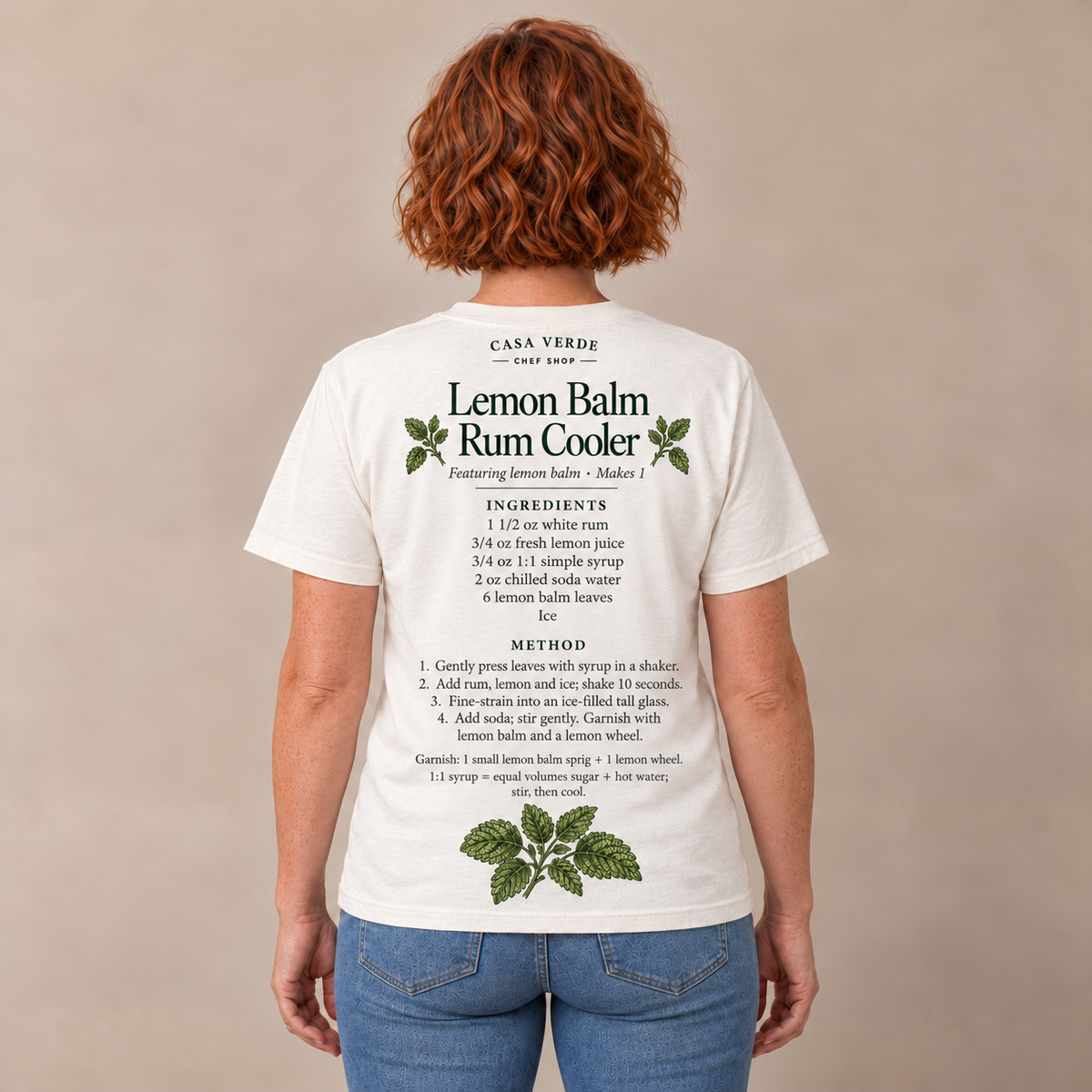 Lemon Balm Rum Cooler T-Shirt — AI-generated back view at the approved cocktail-series presentation scale. Illustrative placement preview, not a physical sample, exact fit or production proof.