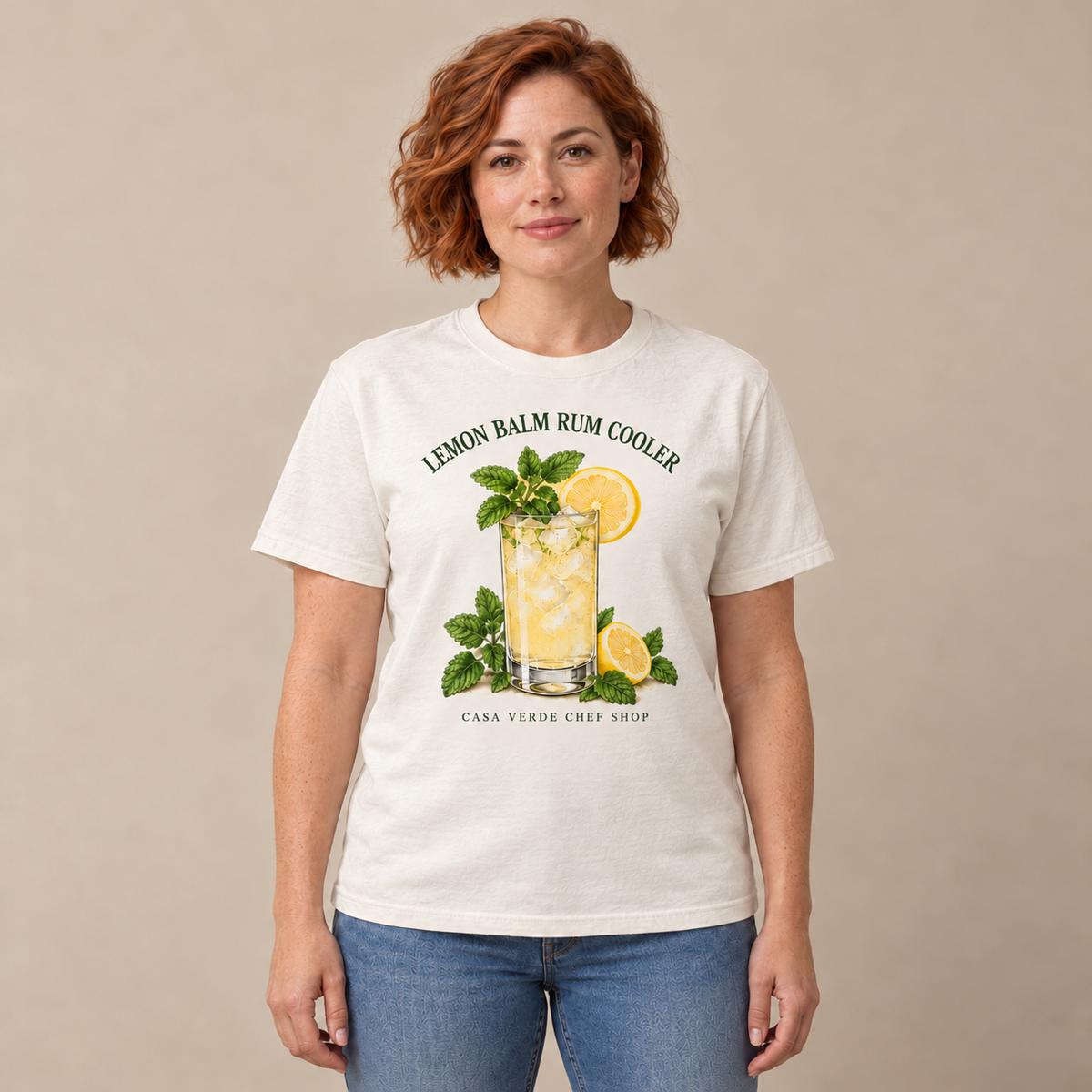 Lemon Balm Rum Cooler T-Shirt — AI-generated front view at the approved cocktail-series presentation scale. Illustrative placement preview, not a physical sample, exact fit or production proof.