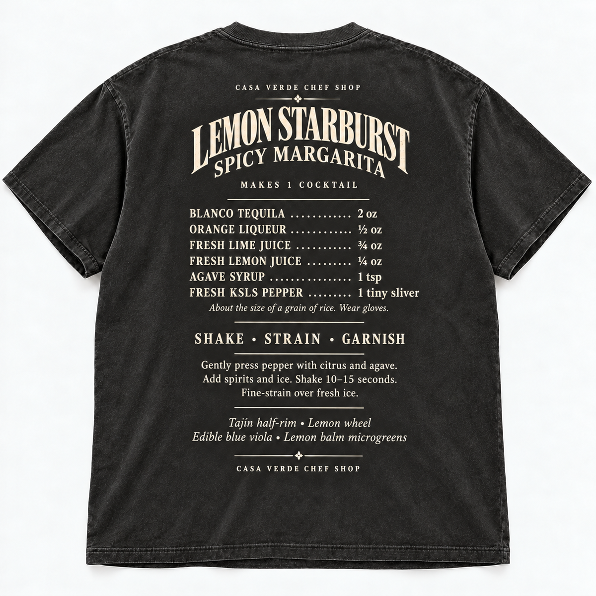 Lemon Starburst Spicy Margarita T-Shirt — back illustrative garment preview at the revised cocktail-series scale. Casa Verde Chef Shop. Not a physical sample or production proof.