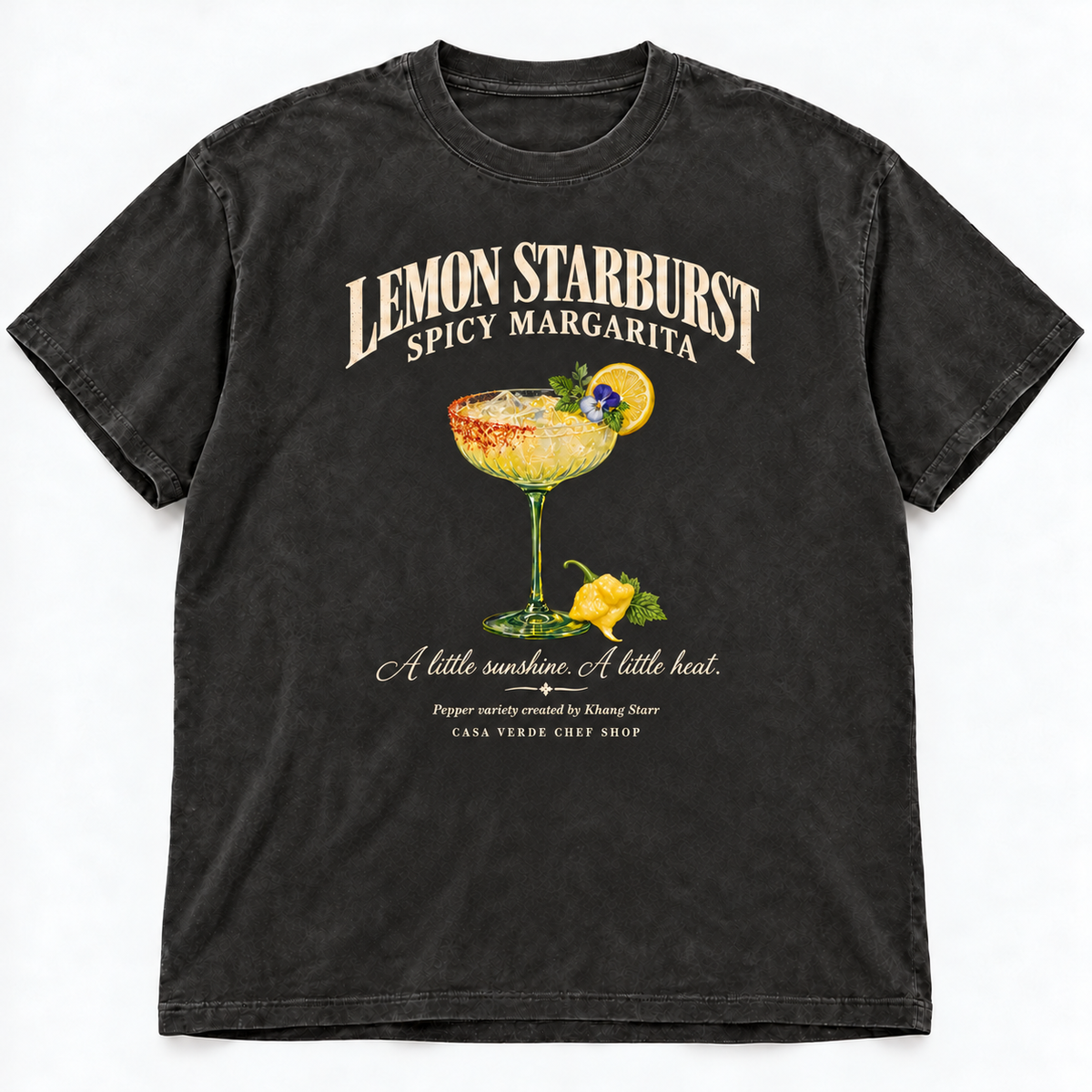 Lemon Starburst Spicy Margarita T-Shirt — front illustrative garment preview at the revised cocktail-series scale. Casa Verde Chef Shop. Not a physical sample or production proof.
