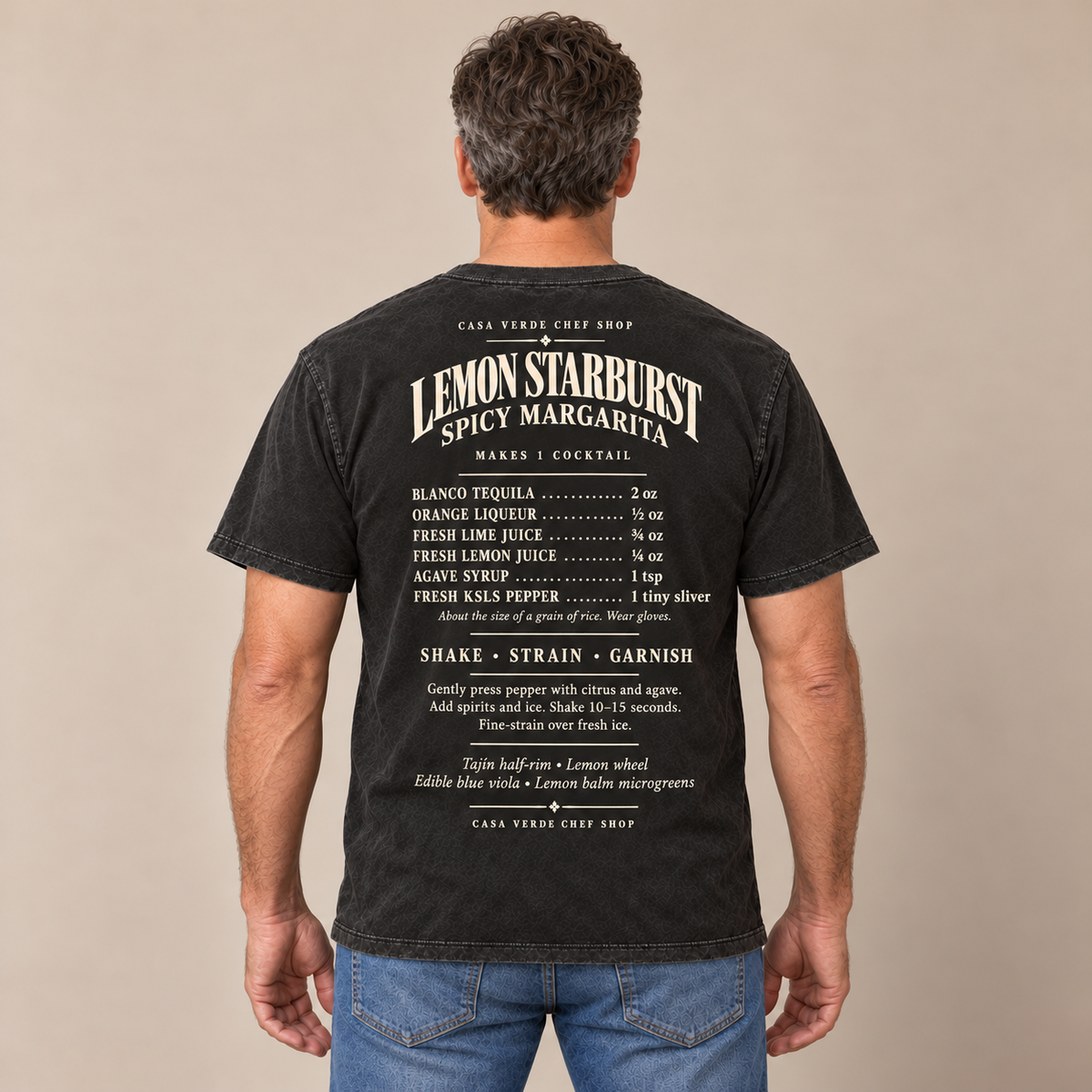 Lemon Starburst Spicy Margarita T-Shirt — AI-generated back view at the approved cocktail-series presentation scale. Illustrative placement preview, not a physical sample, exact fit or production proof.