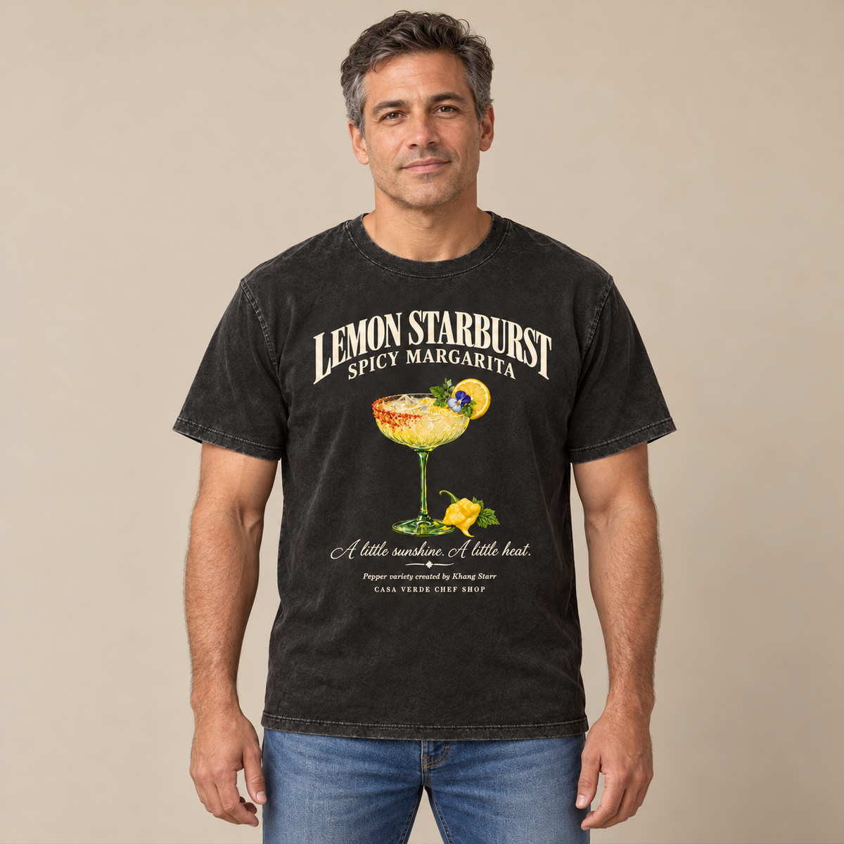 Lemon Starburst Spicy Margarita T-Shirt — AI-generated front view at the approved cocktail-series presentation scale. Illustrative placement preview, not a physical sample, exact fit or production proof.