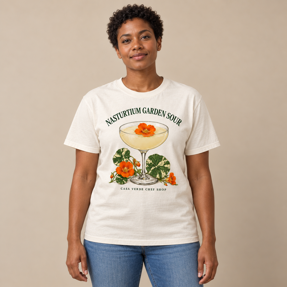 Nasturtium Garden Sour T-Shirt — AI-generated front view at the approved cocktail-series presentation scale. Illustrative placement preview, not a physical sample, exact fit or production proof.