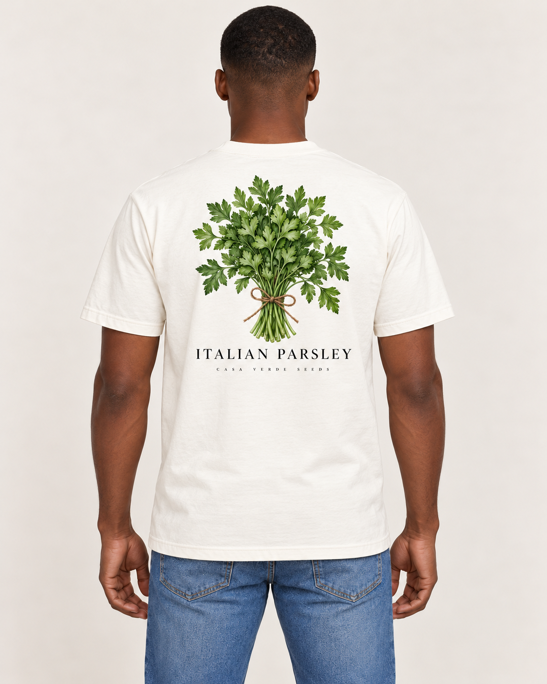 Italian Parsley T-Shirt — AI-generated matching back view. Illustrative garment preview, not a physical sample, exact fit or production proof.