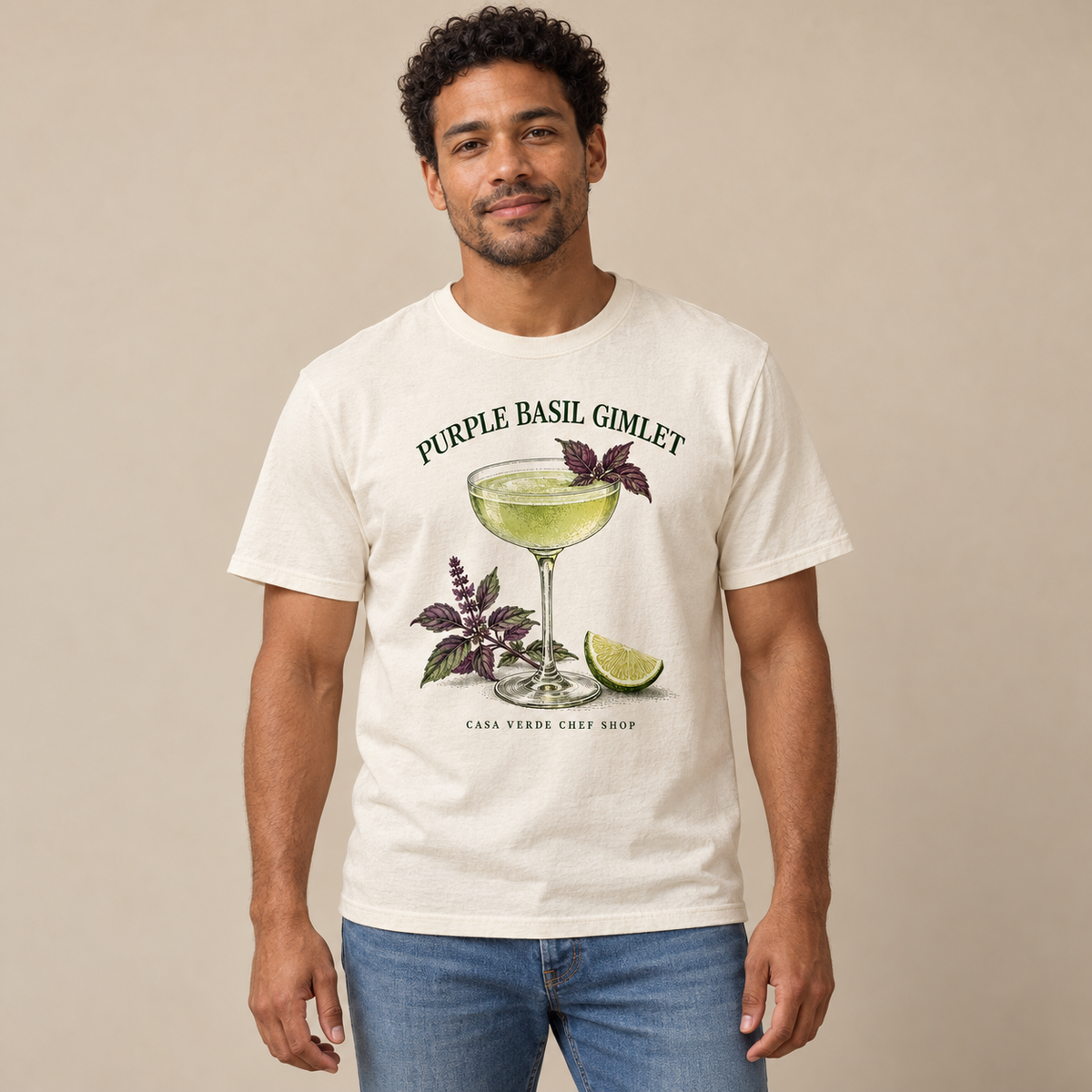 Purple Basil Gimlet T-Shirt — AI-generated adult model wearing the approved front design with Casa Verde Chef Shop signature. Illustrative placement preview, not a physical sample or fit proof.