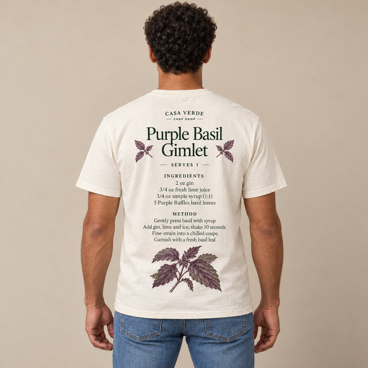 Purple Basil Gimlet T-Shirt — AI-generated back view showing the cocktail recipe, botanical illustration and Casa Verde Chef Shop signature. Illustrative garment preview, not a physical sample or production proof.