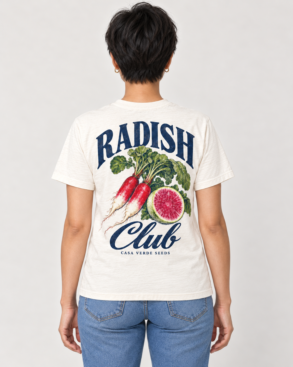 Radish Club T-Shirt — AI-generated matching back view. Illustrative garment preview, not a physical sample, exact fit or production proof.