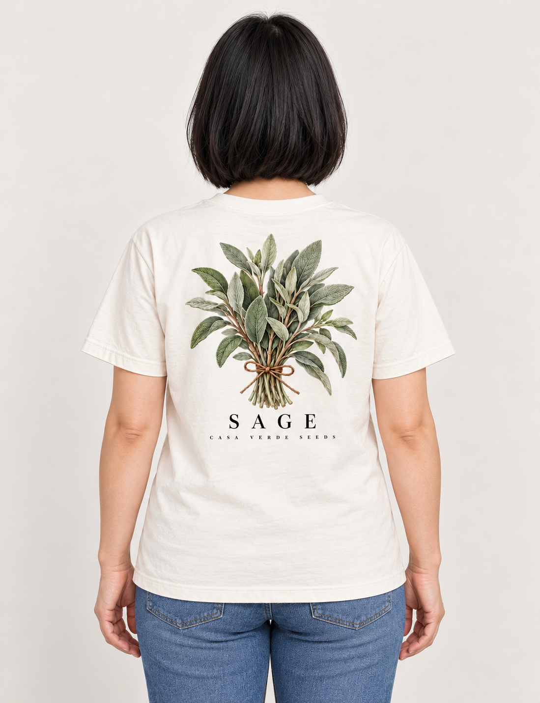 Sage T-Shirt — AI-generated matching back view. Illustrative garment preview, not a physical sample, exact fit or production proof.