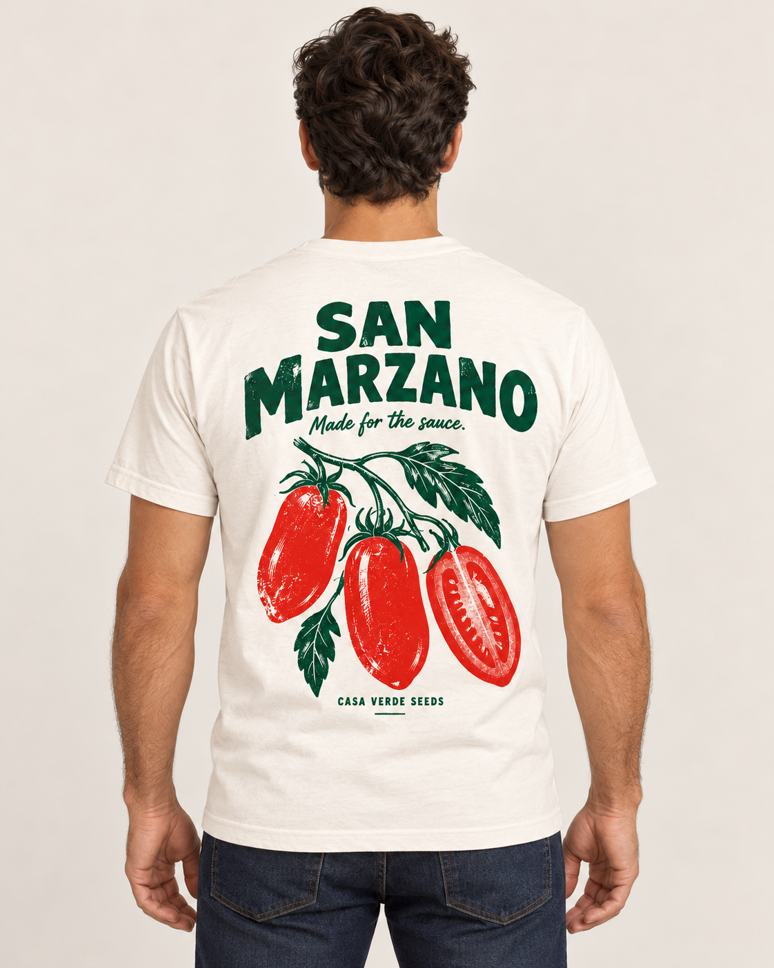San Marzano T-Shirt — AI-generated matching back view. Illustrative garment preview, not a physical sample, exact fit or production proof.
