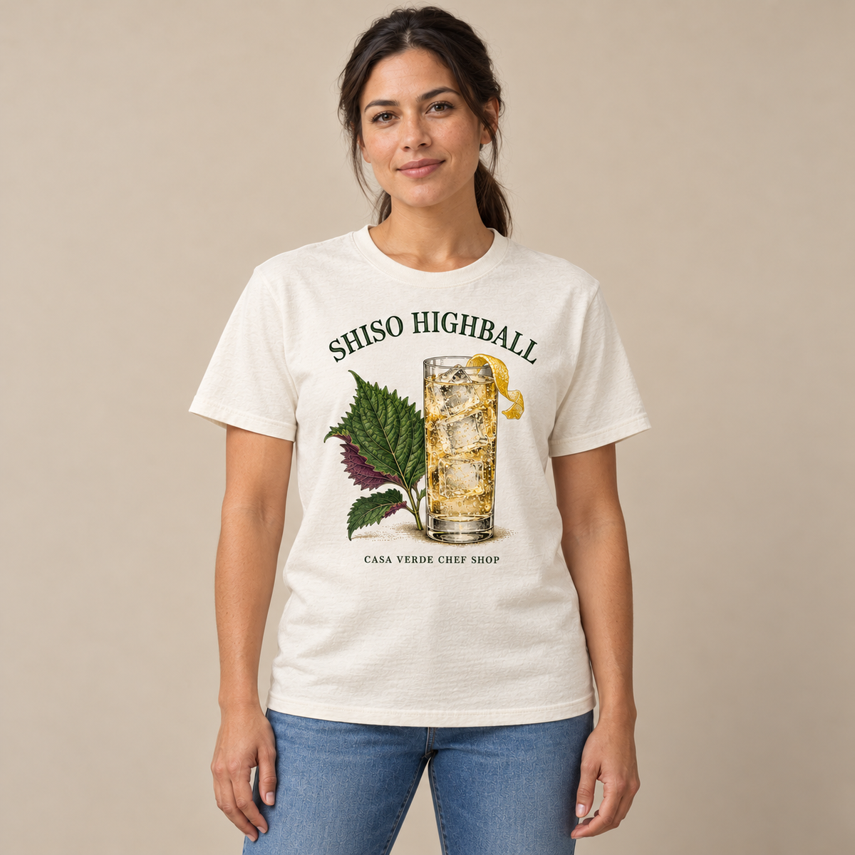Shiso Highball T-Shirt — AI-generated adult model wearing the approved front design with Casa Verde Chef Shop signature. Illustrative placement preview, not a physical sample or fit proof.