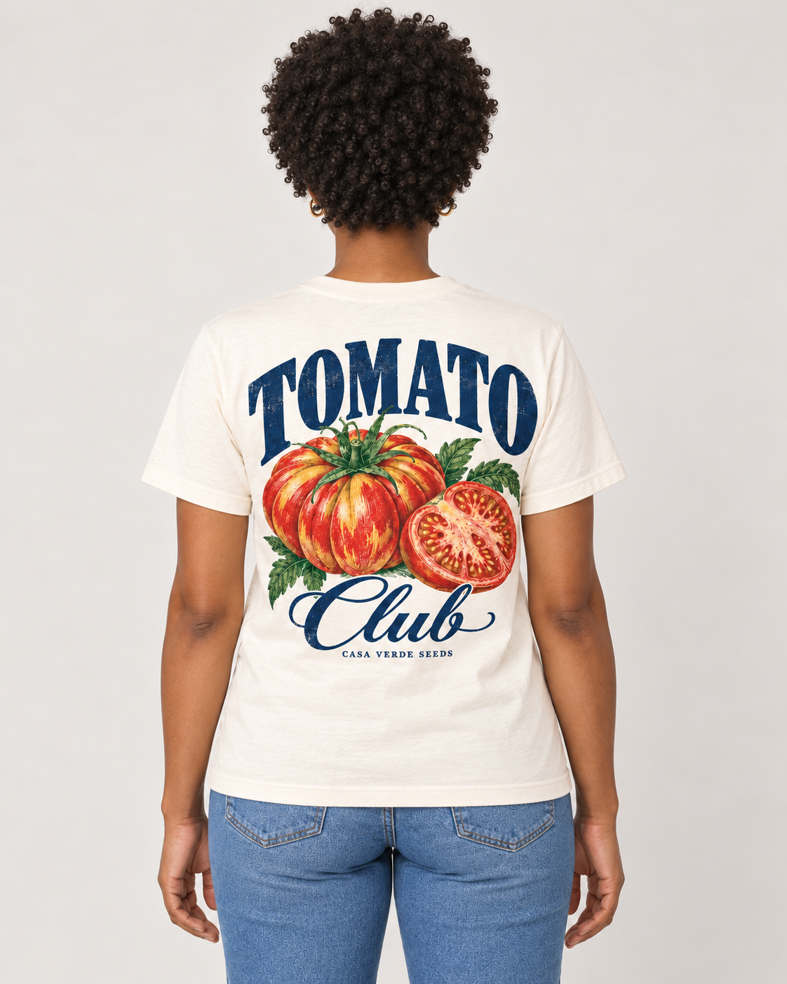 Tomato Club T-Shirt — AI-generated matching back view. Illustrative garment preview, not a physical sample, exact fit or production proof.