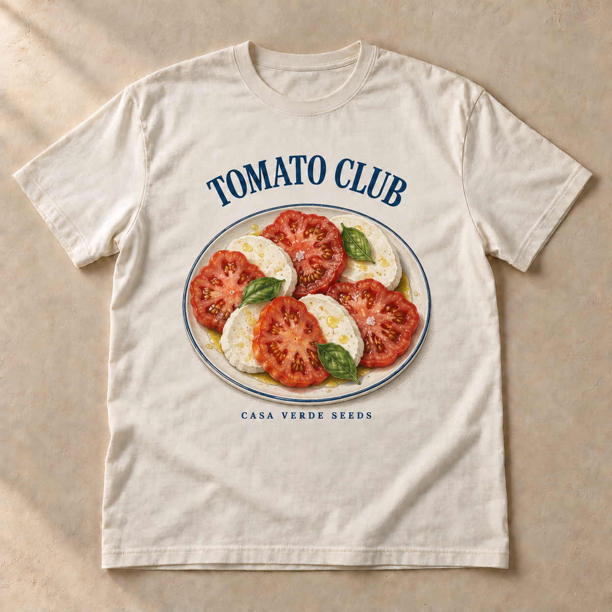 Tomato Club T-Shirt — individual shirt front showing the approved painted caprese plate design. Illustrative preview, not a physical sample or production proof.