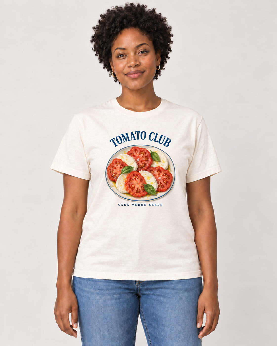 Tomato Club T-Shirt — AI-generated front model showing the approved painted caprese plate design. Illustrative preview, not a physical sample or production proof.