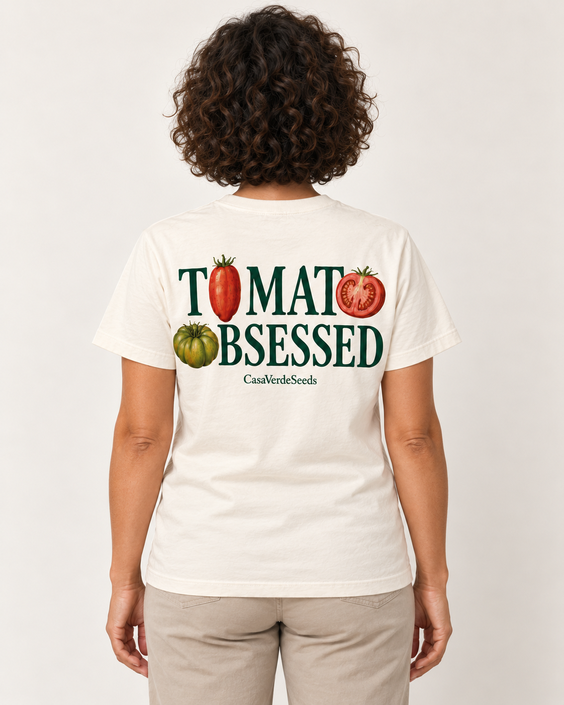 Tomato Obsessed T-Shirt — AI-generated matching back view. Illustrative garment preview, not a physical sample, exact fit or production proof.