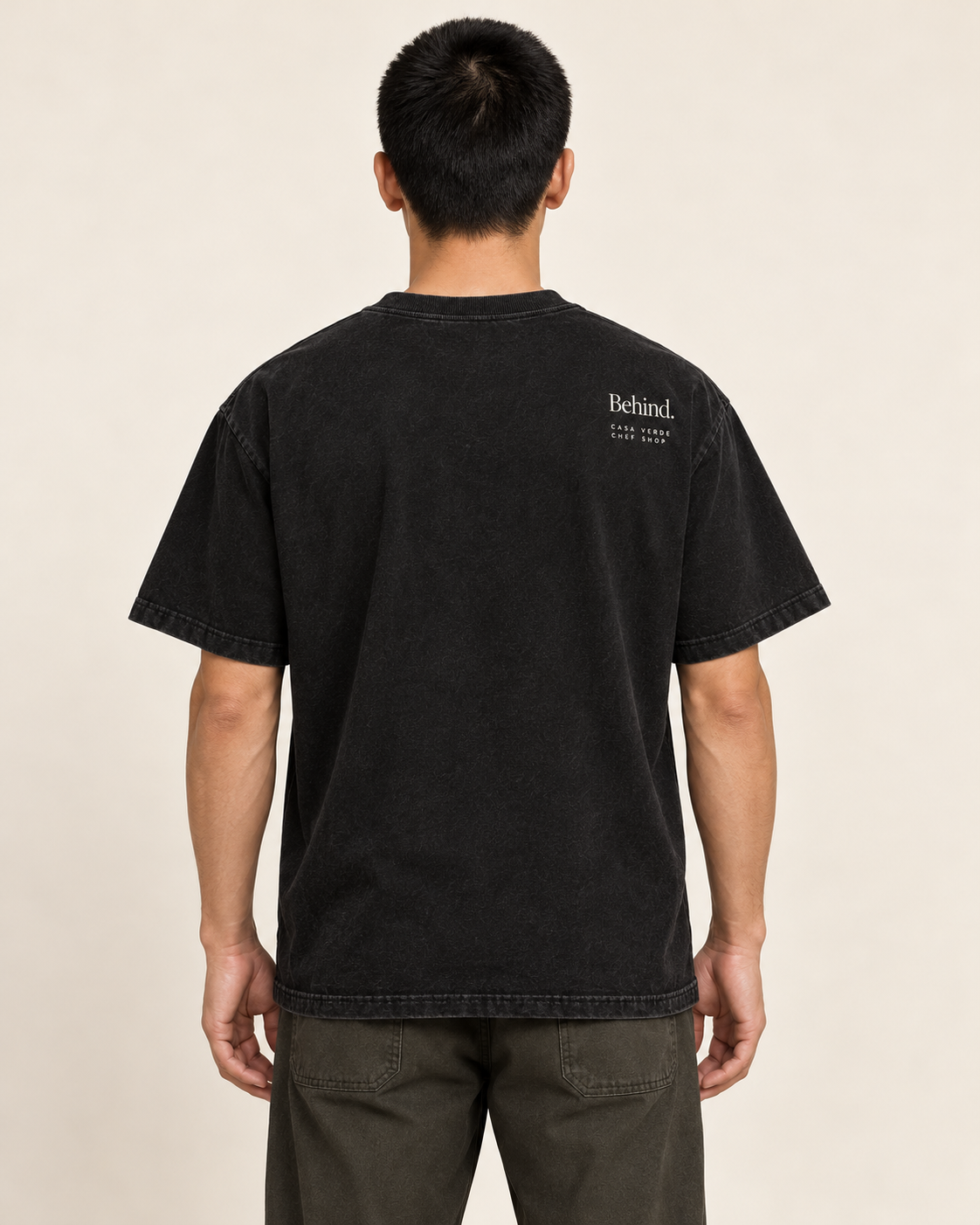 Yes, Chef. / Behind. T-Shirt — AI-generated back view of the approved design. Illustrative garment preview, not a physical sample, exact fit or production proof.