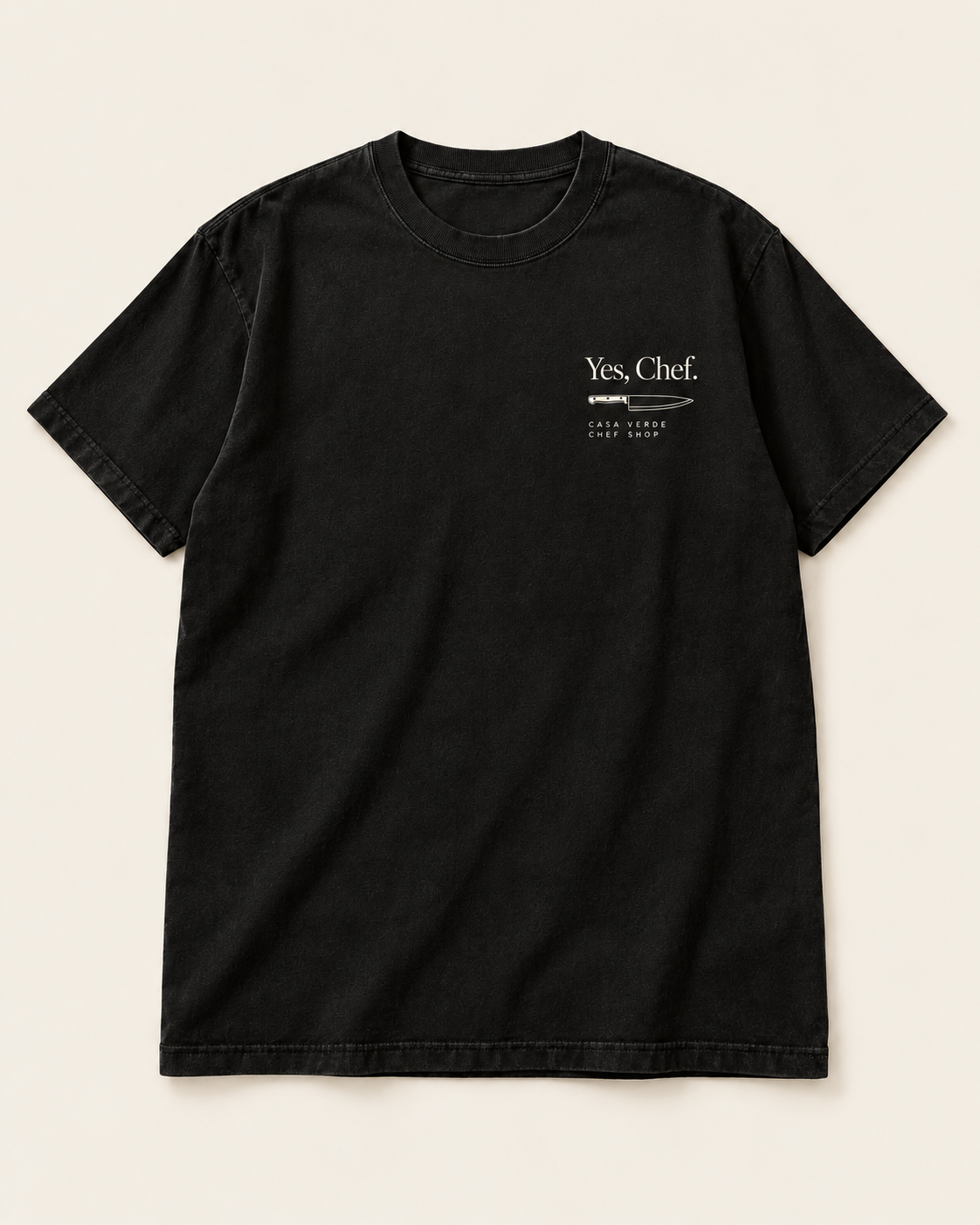 Yes, Chef. / Behind. T-Shirt — individual shirt front view of the approved design. Illustrative garment preview, not a physical sample, exact fit or production proof.