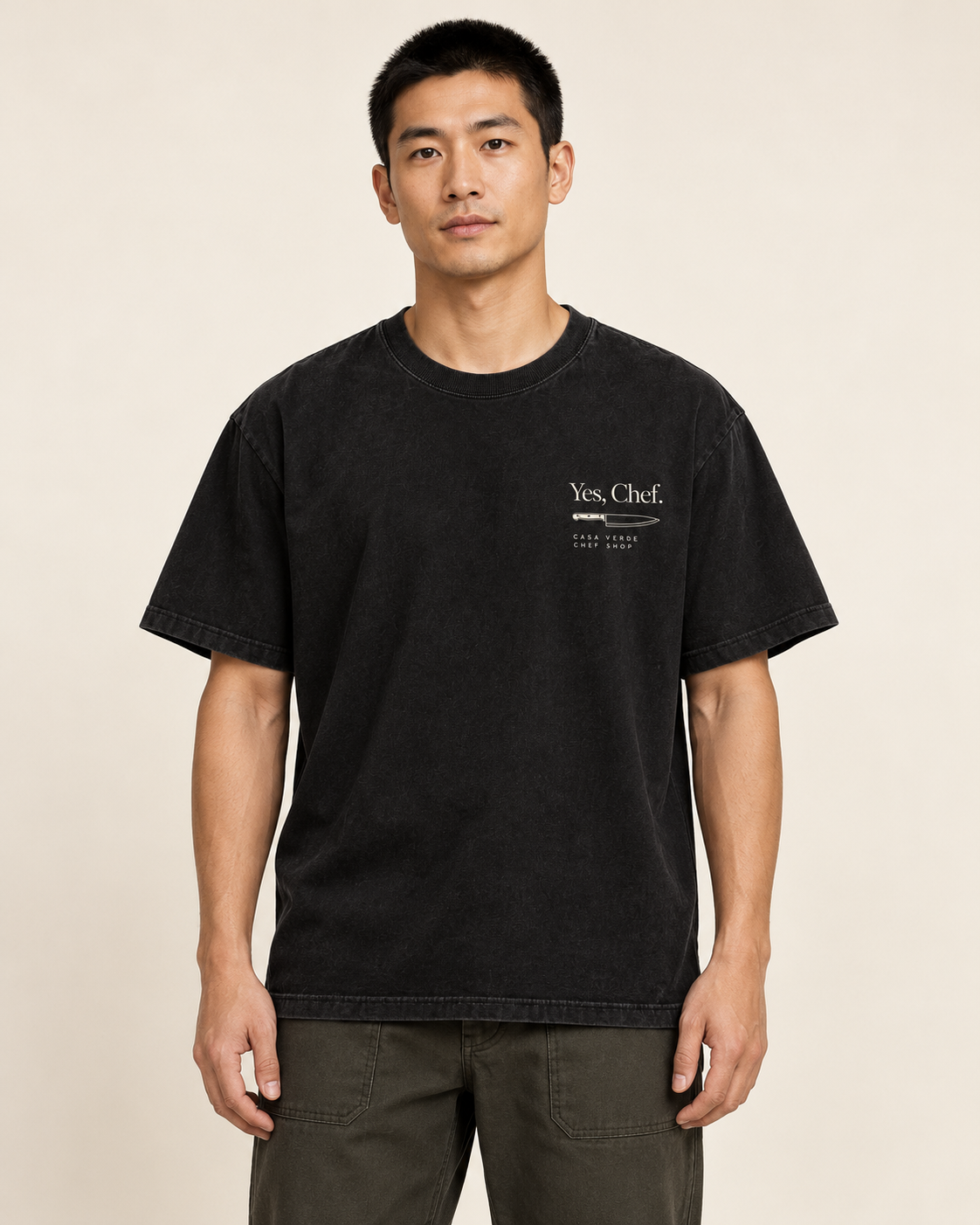 Yes, Chef. / Behind. T-Shirt — AI-generated front view of the approved design. Illustrative garment preview, not a physical sample, exact fit or production proof.
