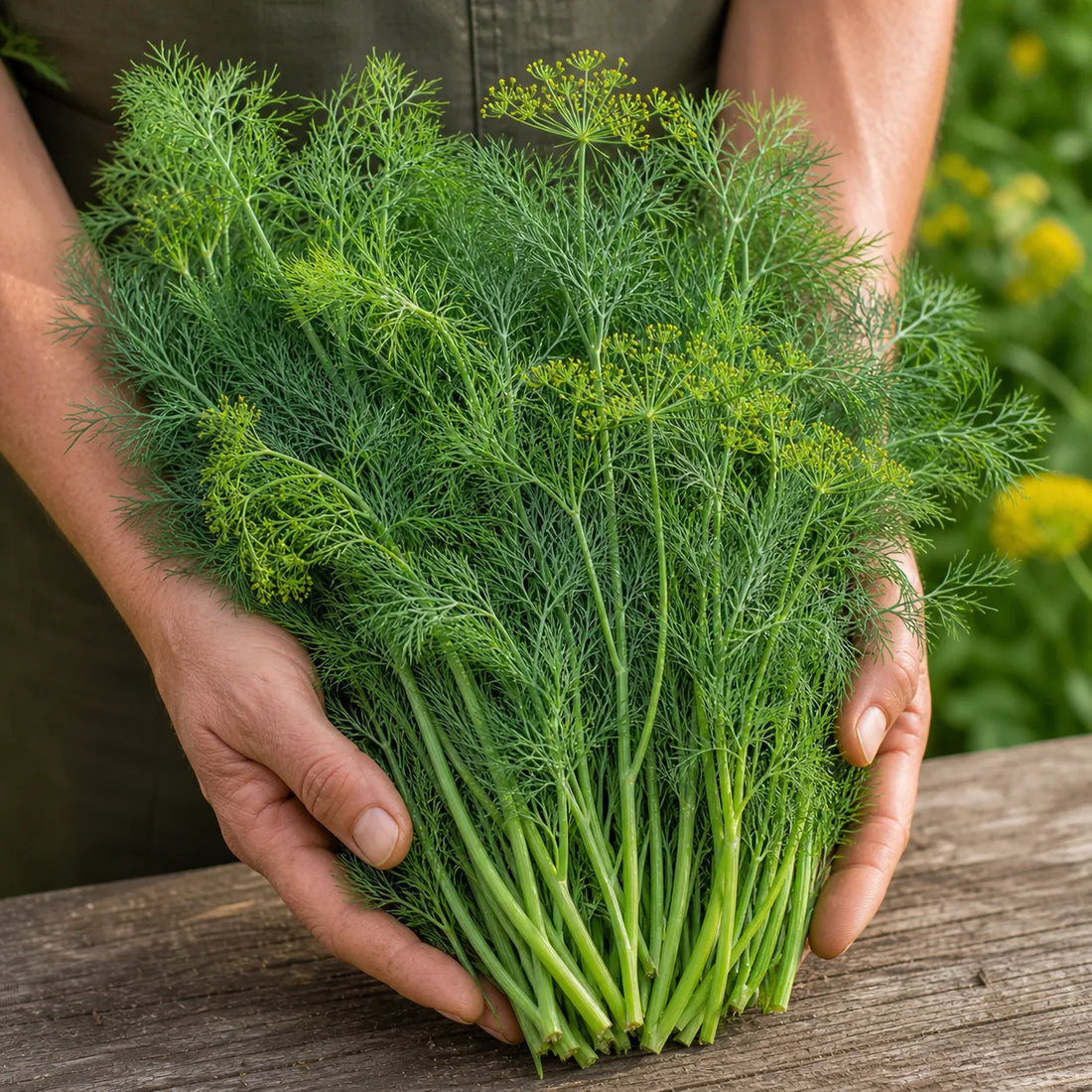 Freshly harvested dill bunch with feathery fronds and yellow umbels