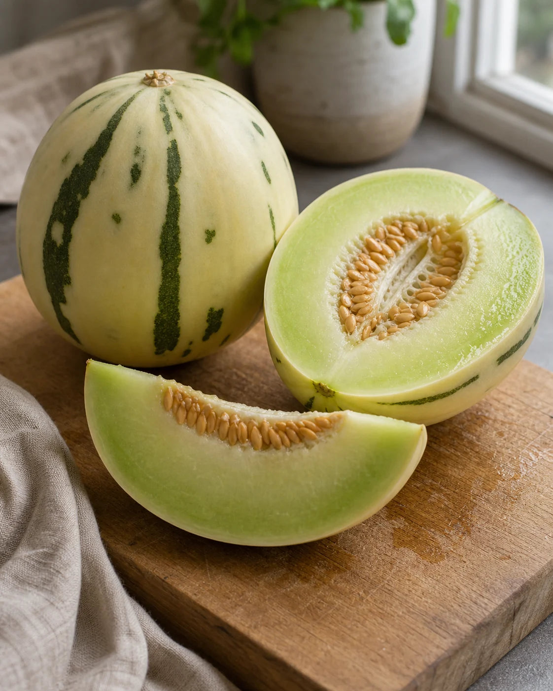 Dino melon cut open to show pale green flesh and tan seed cavity