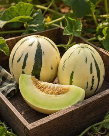 Dino melon seeds harvest showing ivory rind with green streaks and pale green flesh
