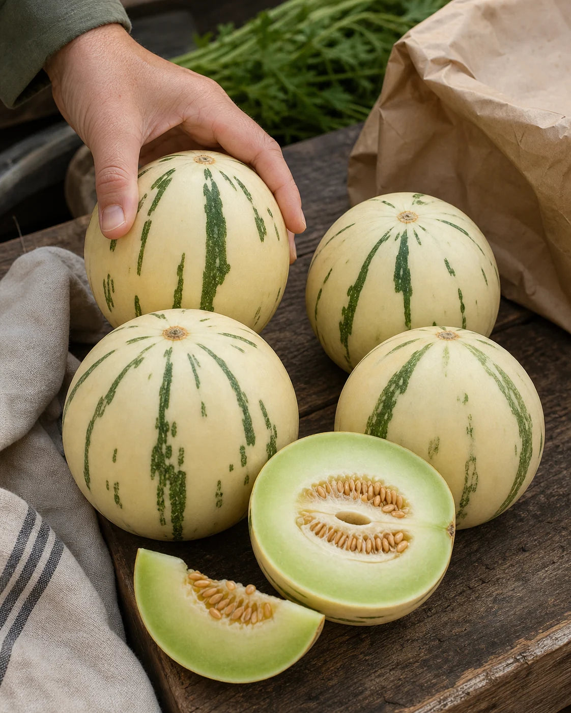 Dino melons with ivory skin and green streaks at a market table