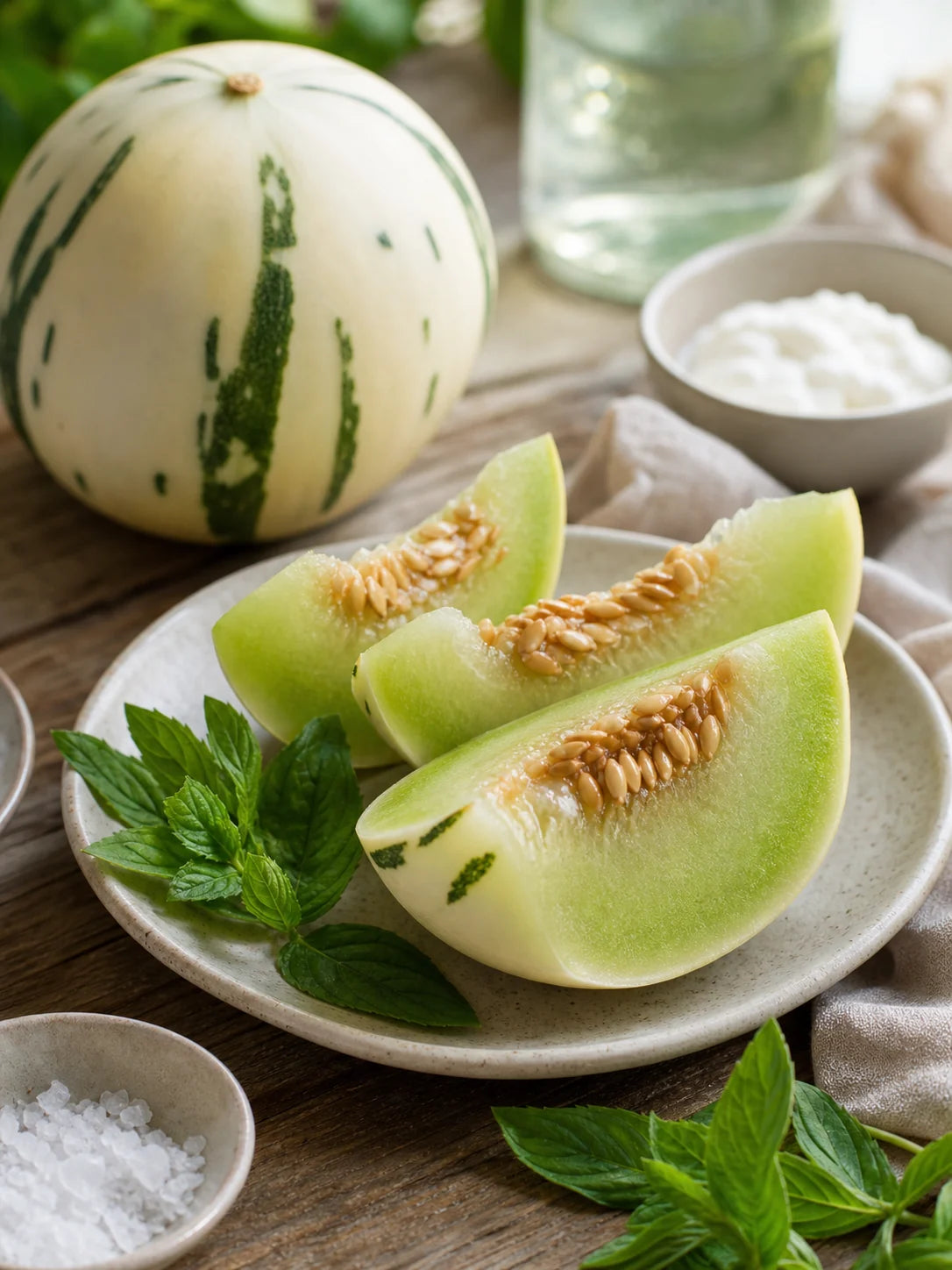 Dino melon wedges served with pale green flesh for summer eating