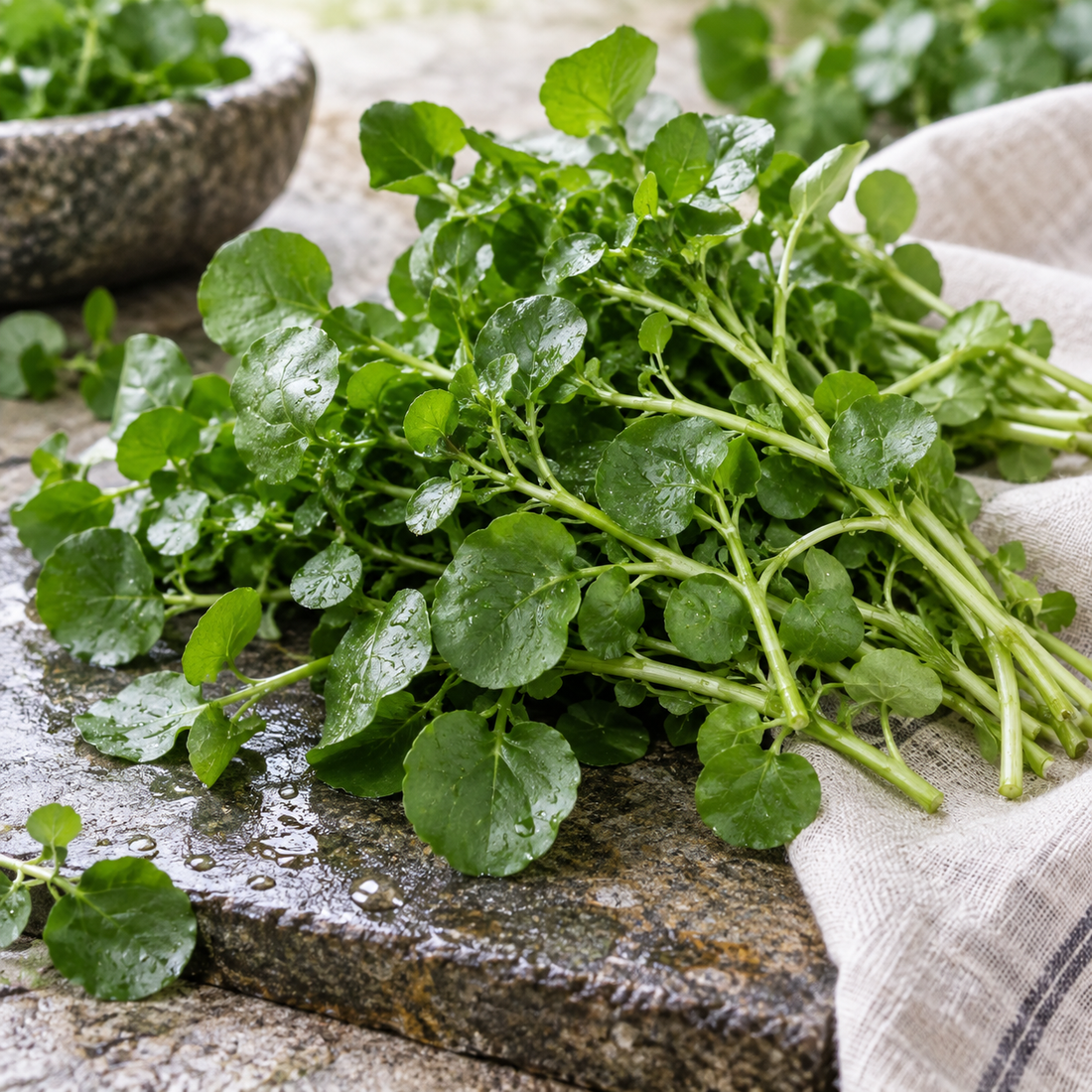 Fresh watercress sprigs for salads, sandwiches and soups
