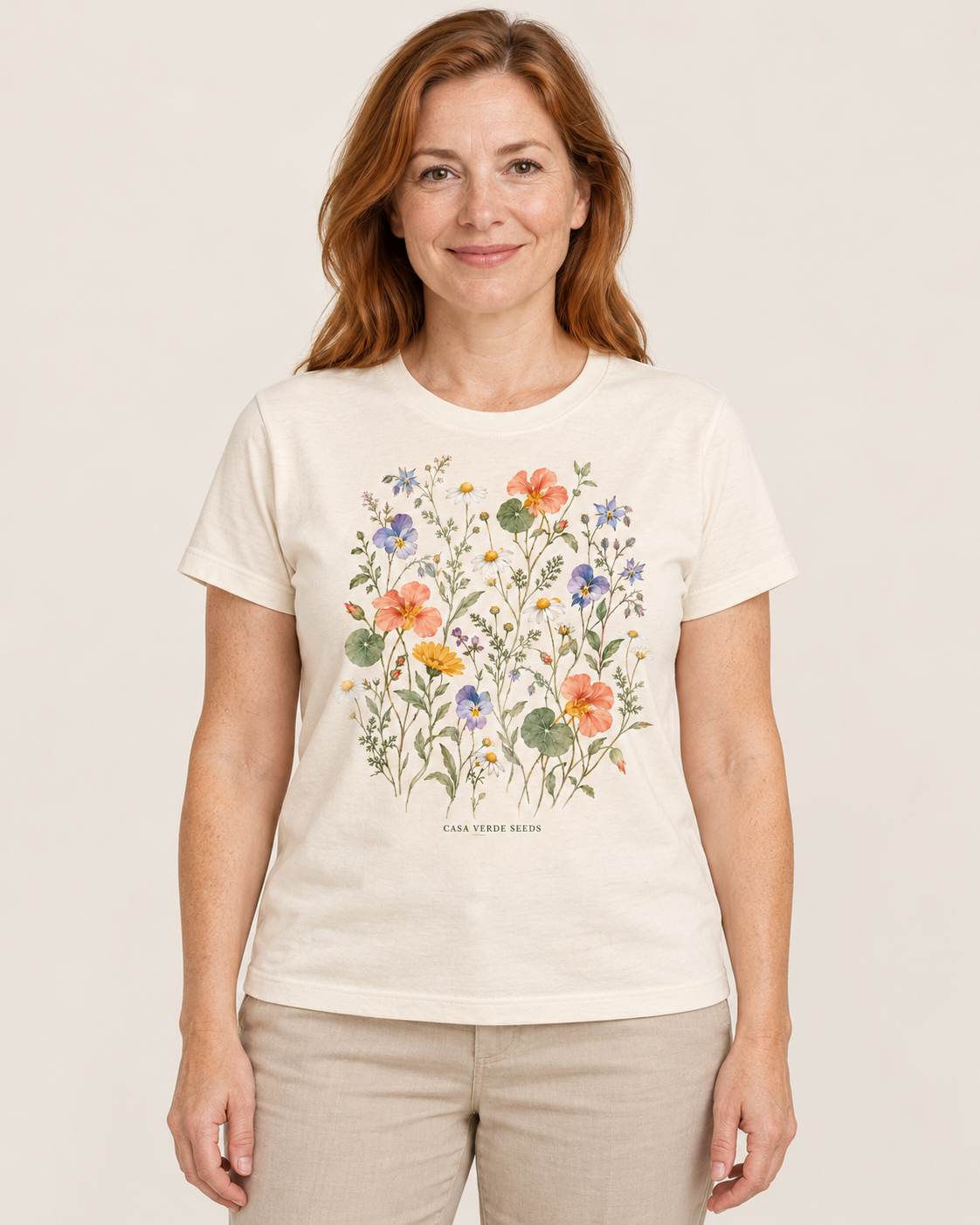 edible flower garden T-shirt — individual model. Illustrative design preview; final garment, fit and print placement may vary.