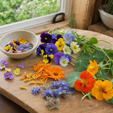 Edible Flower Garnish Pack edible flowers prepared on a wooden kitchen board