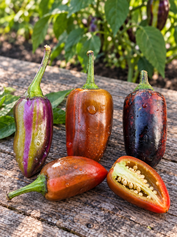 Jalapeño Big Pit x Purple Tiger peppers on a garden table