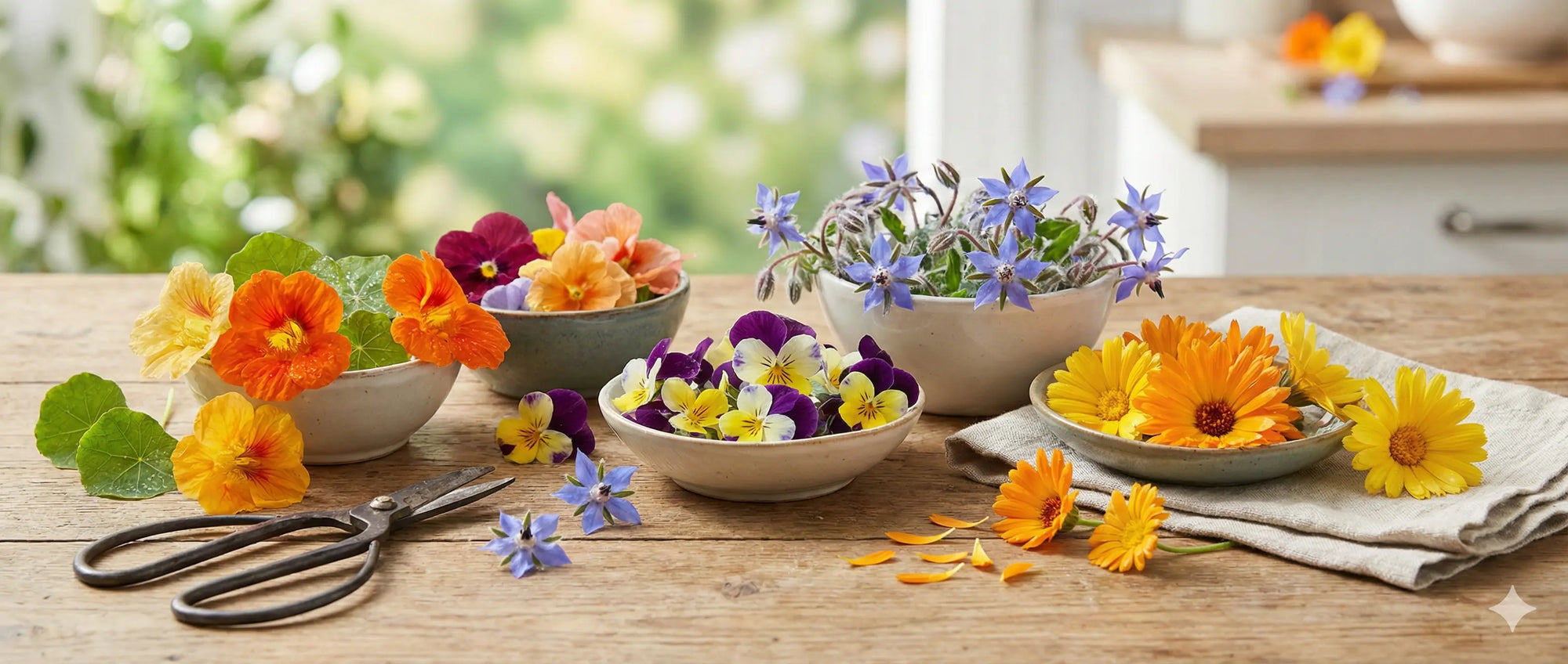 Colorful flowers in bowls on a wooden table with scissors.