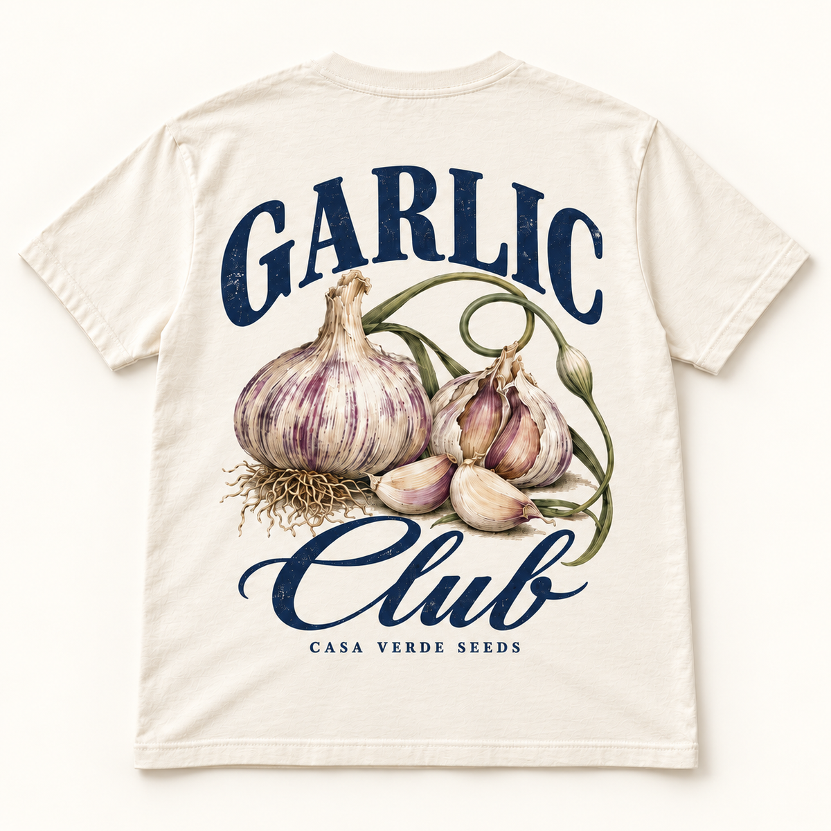 Garlic Club T-Shirt — Individual shirt back view. Illustrative design preview; final fit and print placement may vary.