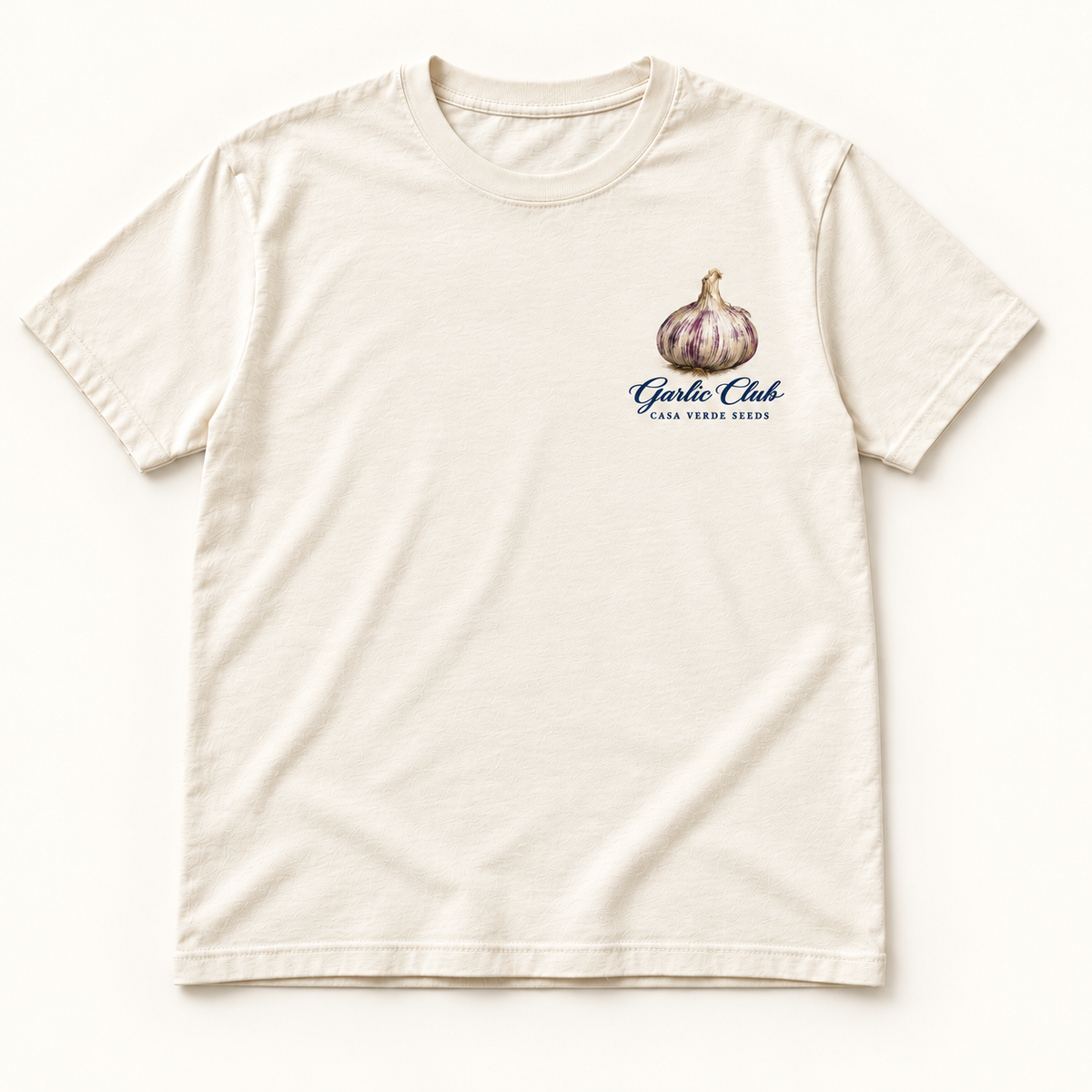 Garlic Club T-Shirt — Individual shirt front view. Illustrative design preview; final fit and print placement may vary.