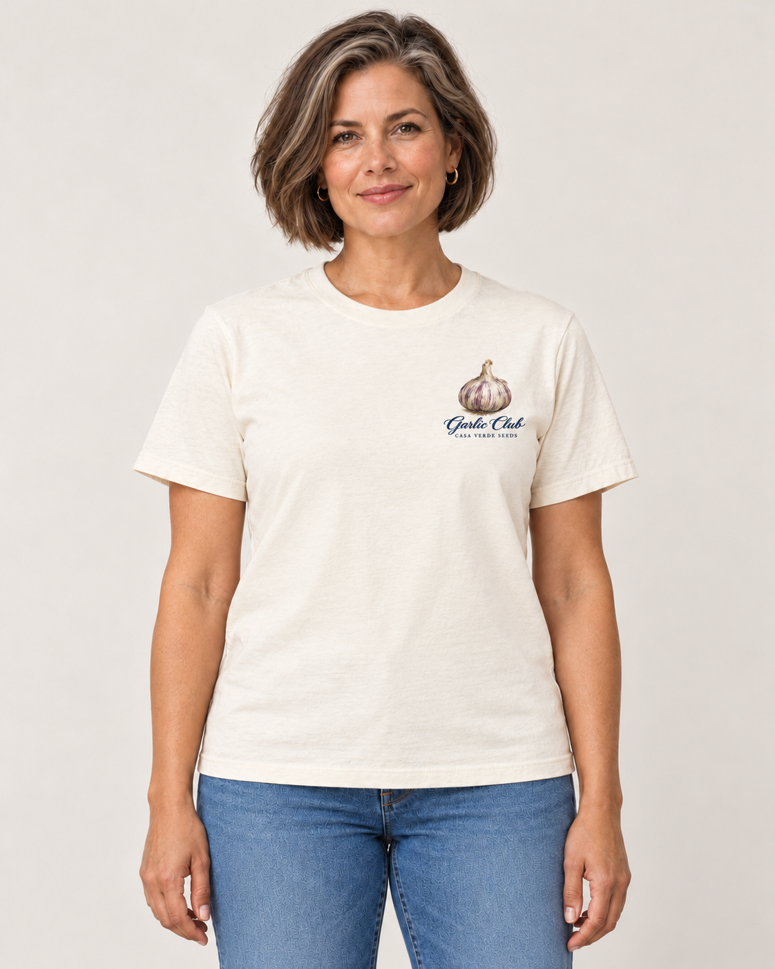 Garlic Club T-Shirt — Front shown on a model. Illustrative garment preview; final fit and print placement may vary.