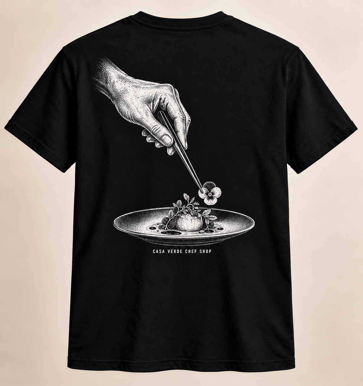 Garnish Matters T-Shirt back design preview with a white etched culinary hand illustration and Casa Verde Chef Shop signature.