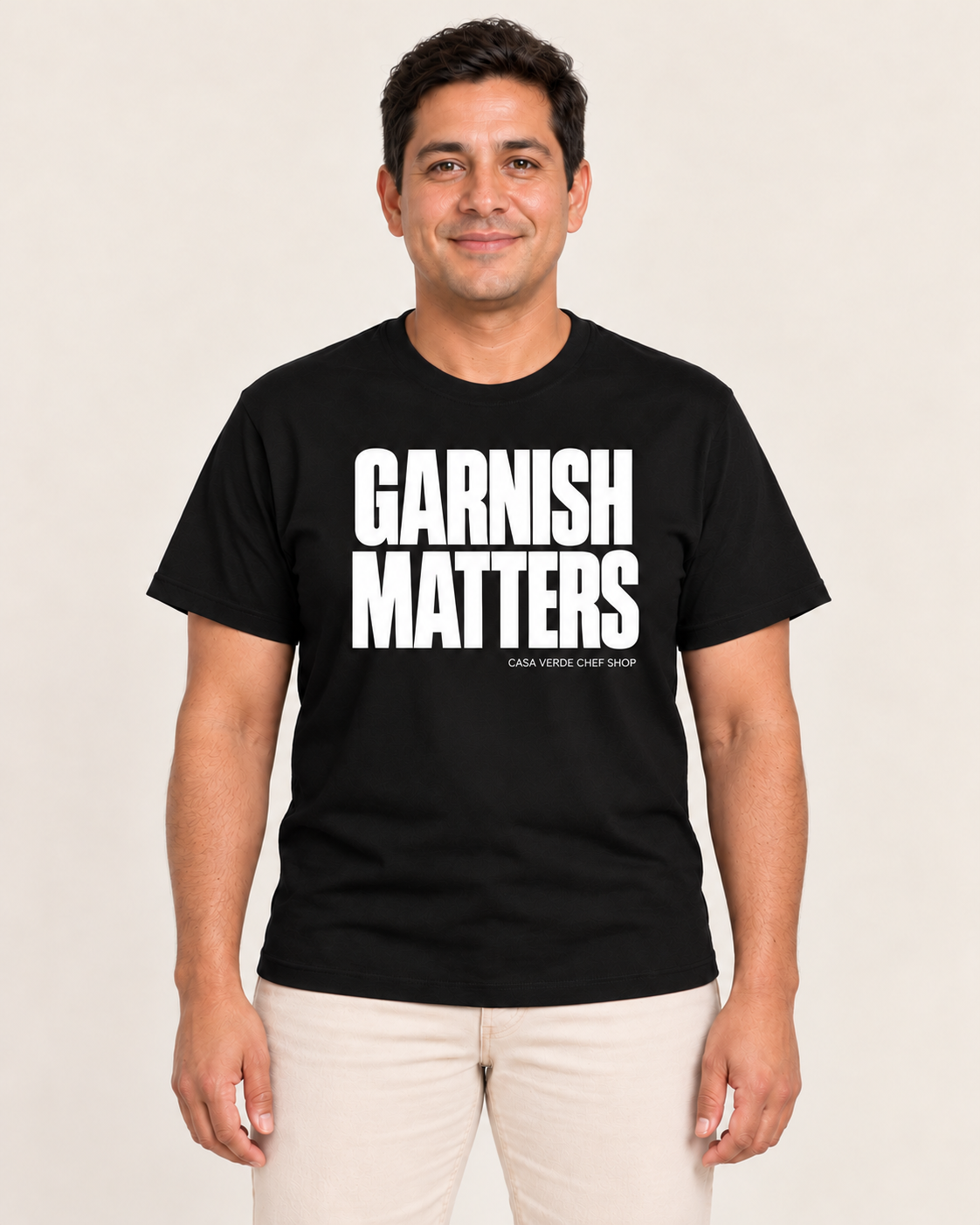 garnish matters T-shirt — individual model. Illustrative design preview; final garment, fit and print placement may vary.