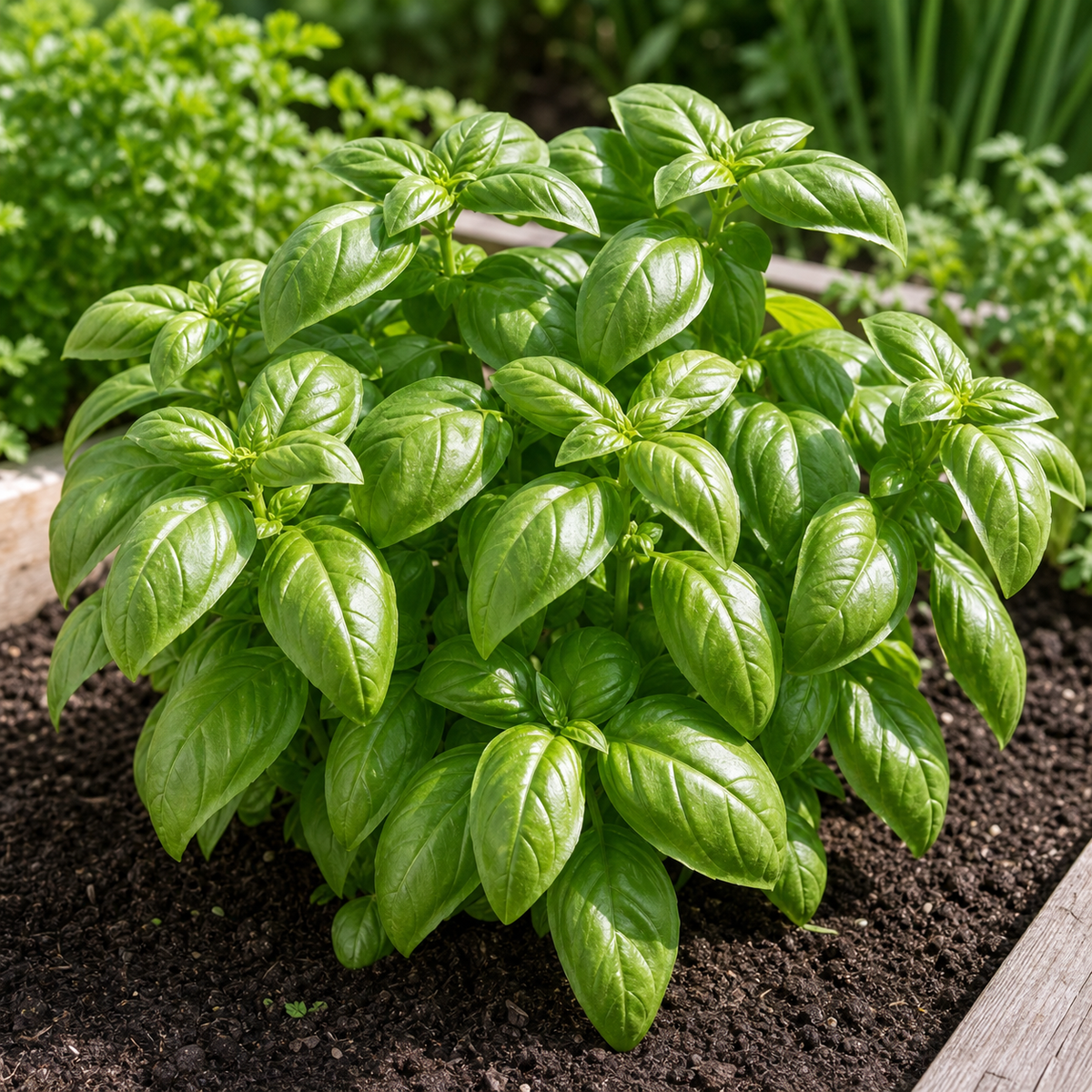 Genovese Basil Seeds growing in the garden