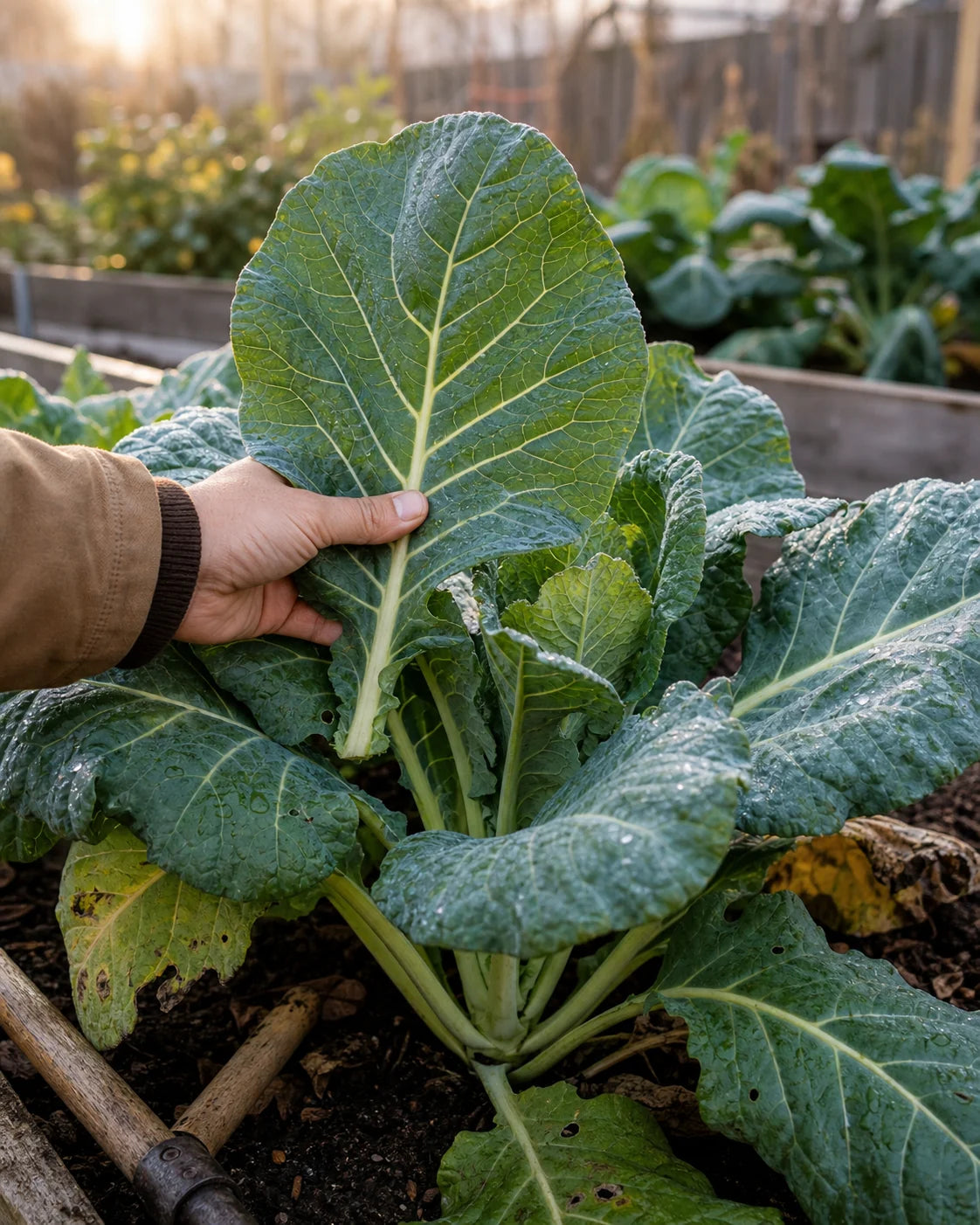 Georgia Collard greens being harvested from a raised garden bed