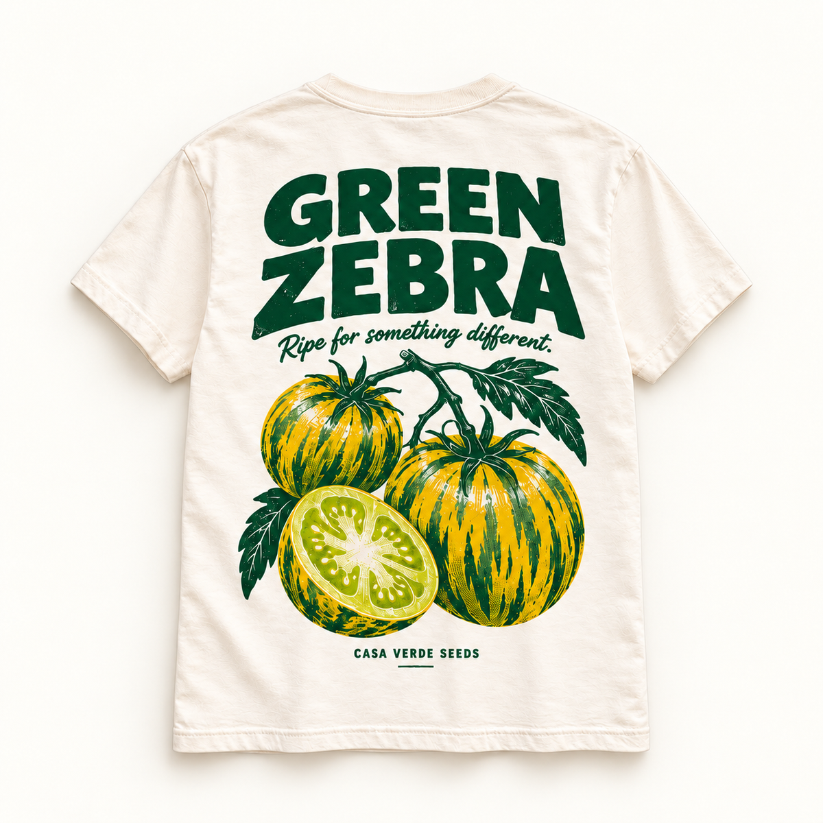 Green Zebra T-Shirt — Individual shirt back view. Illustrative design preview; final fit and print placement may vary.