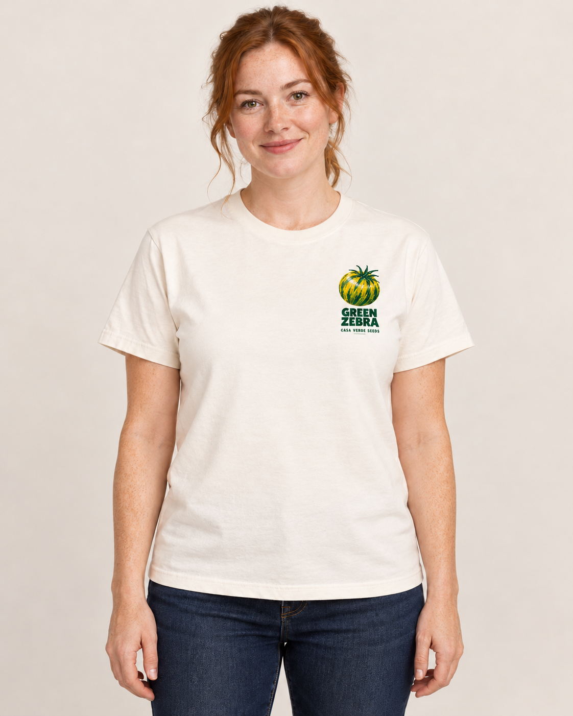 Green Zebra T-Shirt — Front shown on a model. Illustrative garment preview; final fit and print placement may vary.