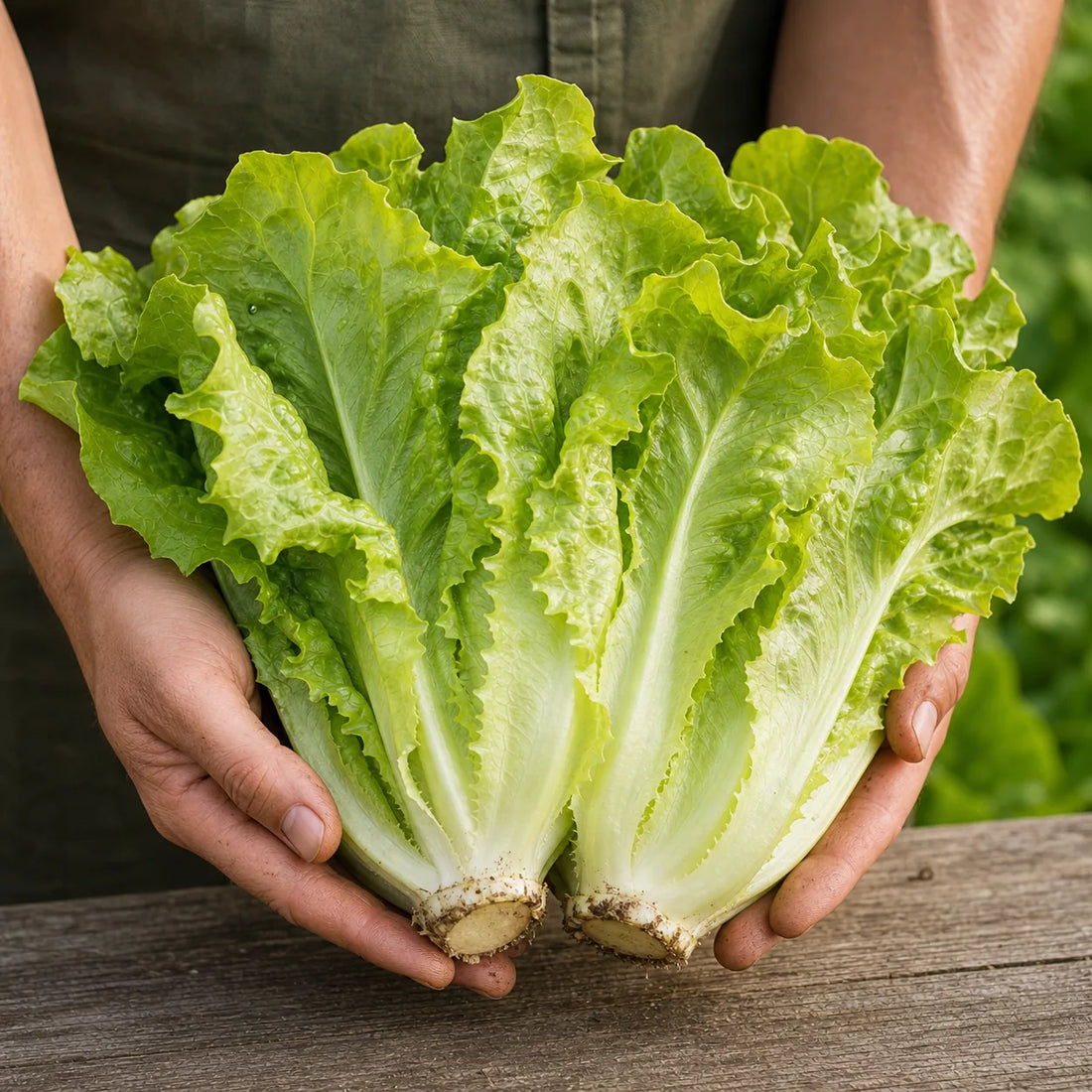 Freshly harvested pastel-green Hao Shan lettuce heads held in gardener hands