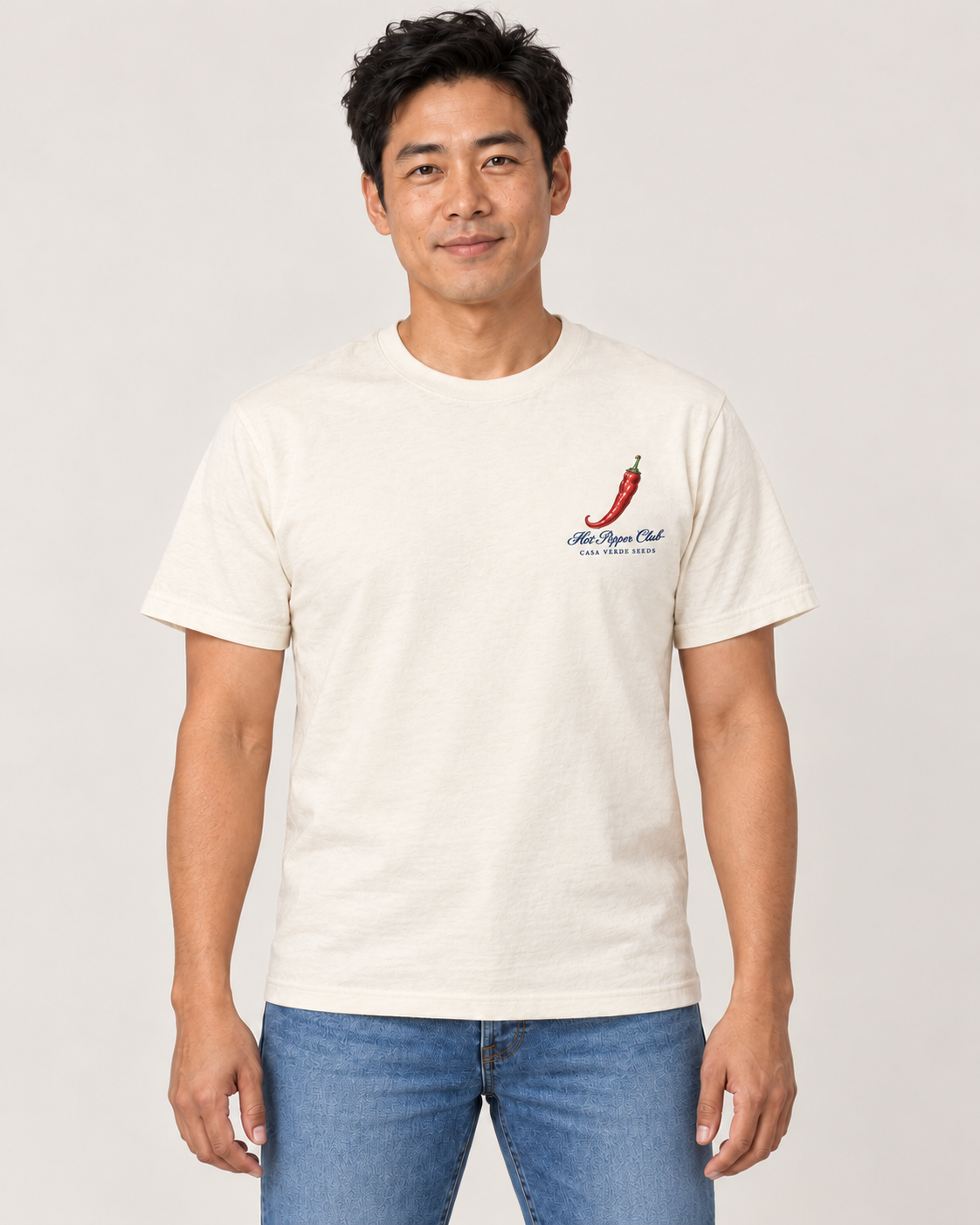 Hot Pepper Club T-Shirt — Front shown on a model. Illustrative garment preview; final fit and print placement may vary.