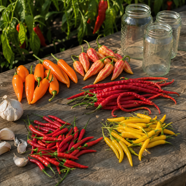 Hot Sauce Garden Pack with Aji Amarillo, Sugar Rush Stripey, Thunder Mountain Longhorn, Red Thai and Golden Cayenne peppers