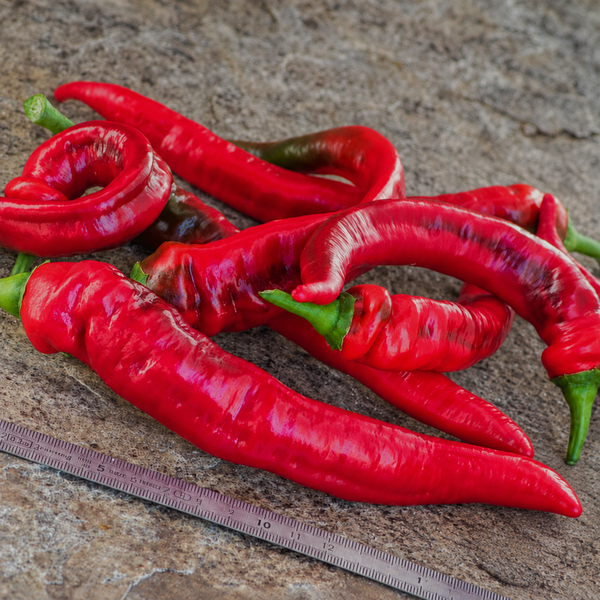 Long red Jimmy Nardello peppers on a stone surface beside a ruler; catalogue photograph retouched to remove a cropped heat label.
