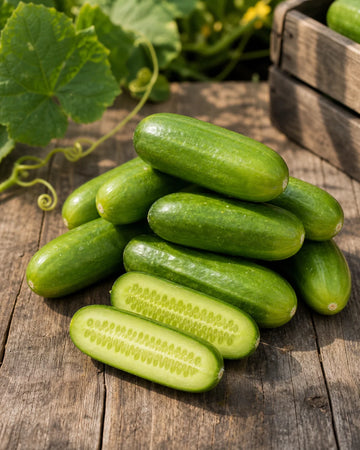 Mini-Me F1 Organic cucumber seeds with bright mini cucumbers sliced to show pale green flesh